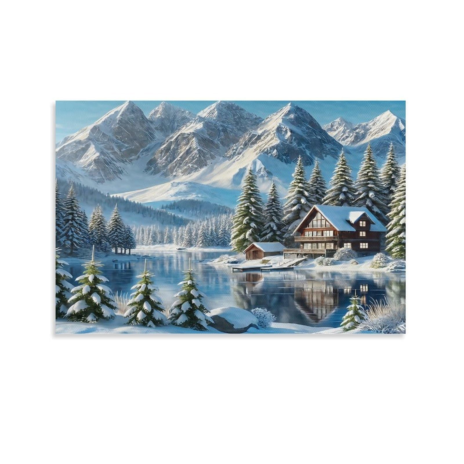 CPLVKWRQJ Snowy Mountain Cabin Individual Lakeside Chalet Snow Capped Mountain Pines Wall Art Pieces - Office Canvas Print Fade Resistant Wall Focal Art Ready to Hang 08x12inch(20x30cm)