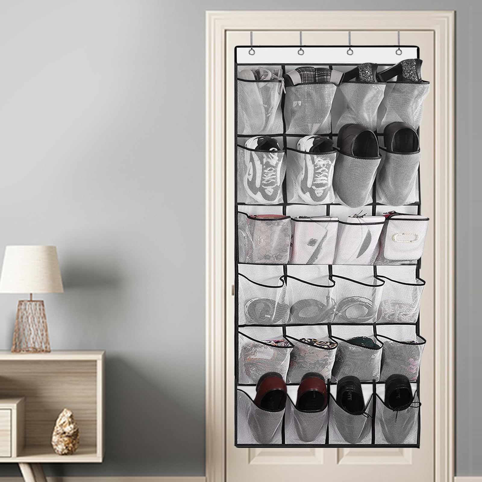 Organizer boven de deur voor schoenen, hangend schoenenrek met 2 haken, schoenenopslag hangend, ruimtebesparend, schoenenorganizer voor kast, slaapkamer, badkamer (Wit, 14 Zakken