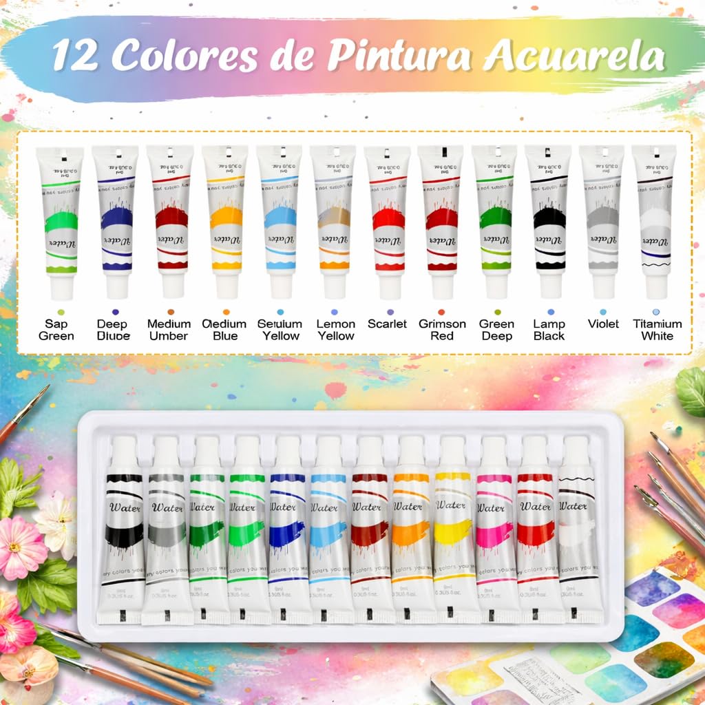 Mini Set de Acuarelas con Cuaderno y Pintura, Paquete Completo Acuarela 12 Colores Paleta Madera mini juego viaje papel acuarela, bolígrafos, clip, 8 cuadrículas para pintores, (Azul)