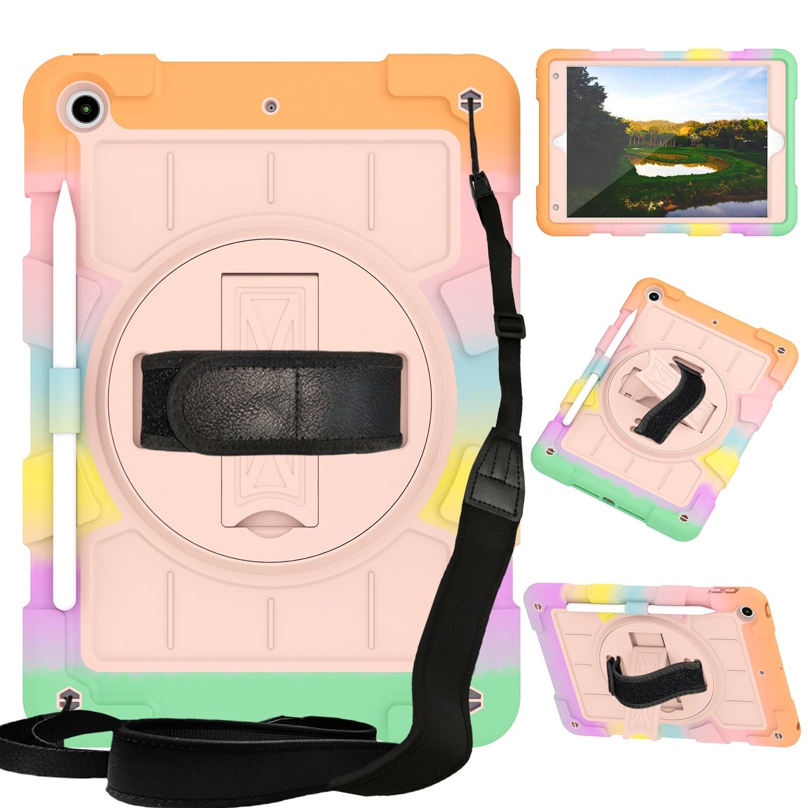 Custodia protettiva per tablet PC compatibile con iPad di 9a/8a/7a generazione 2021/2020/2019 (10,2"), custodia protettiva antiurto integrale con guscio infrangibile W supporto girevole a 360° +