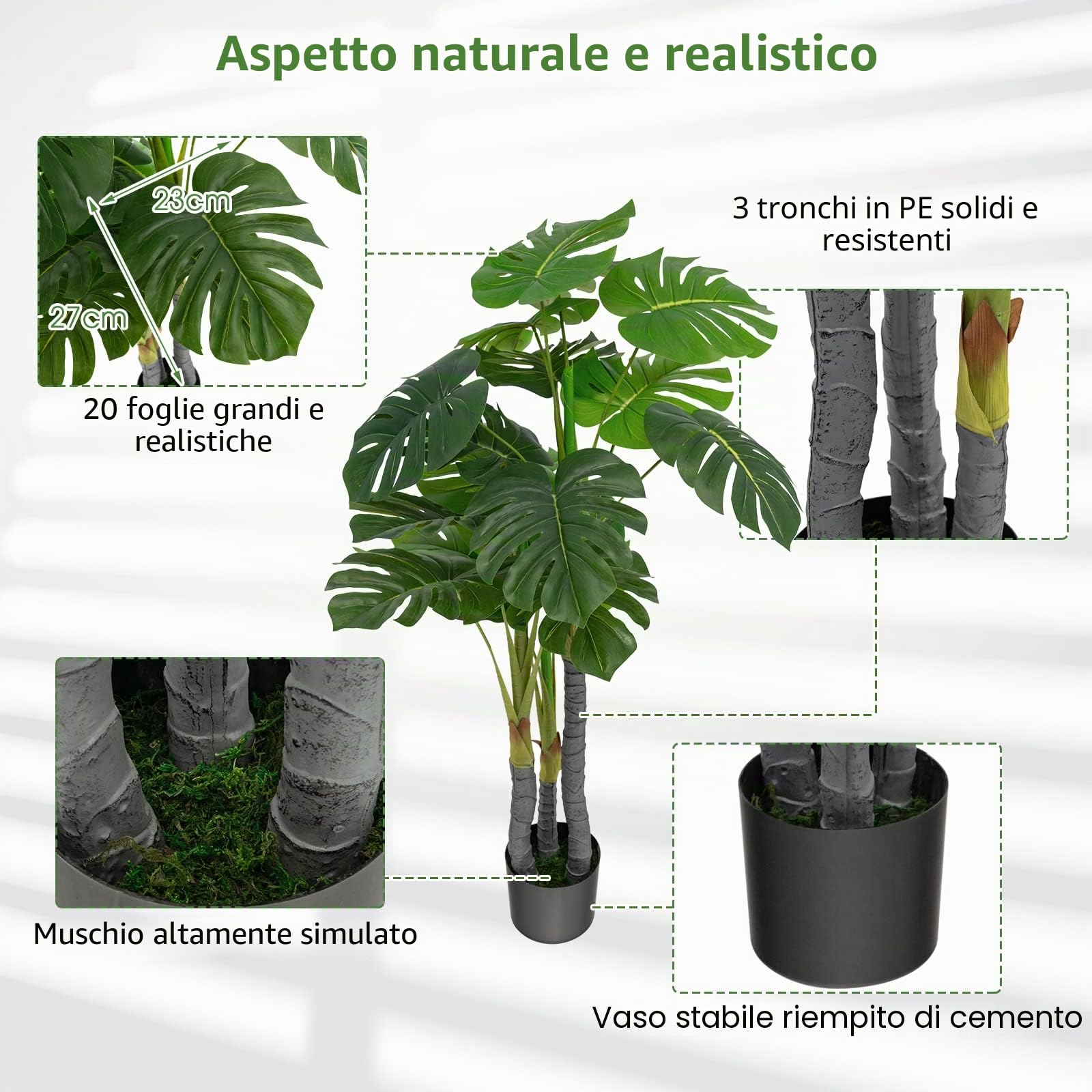 GIANTEX Monstera artificiale da 120 cm, in vaso di cemento
