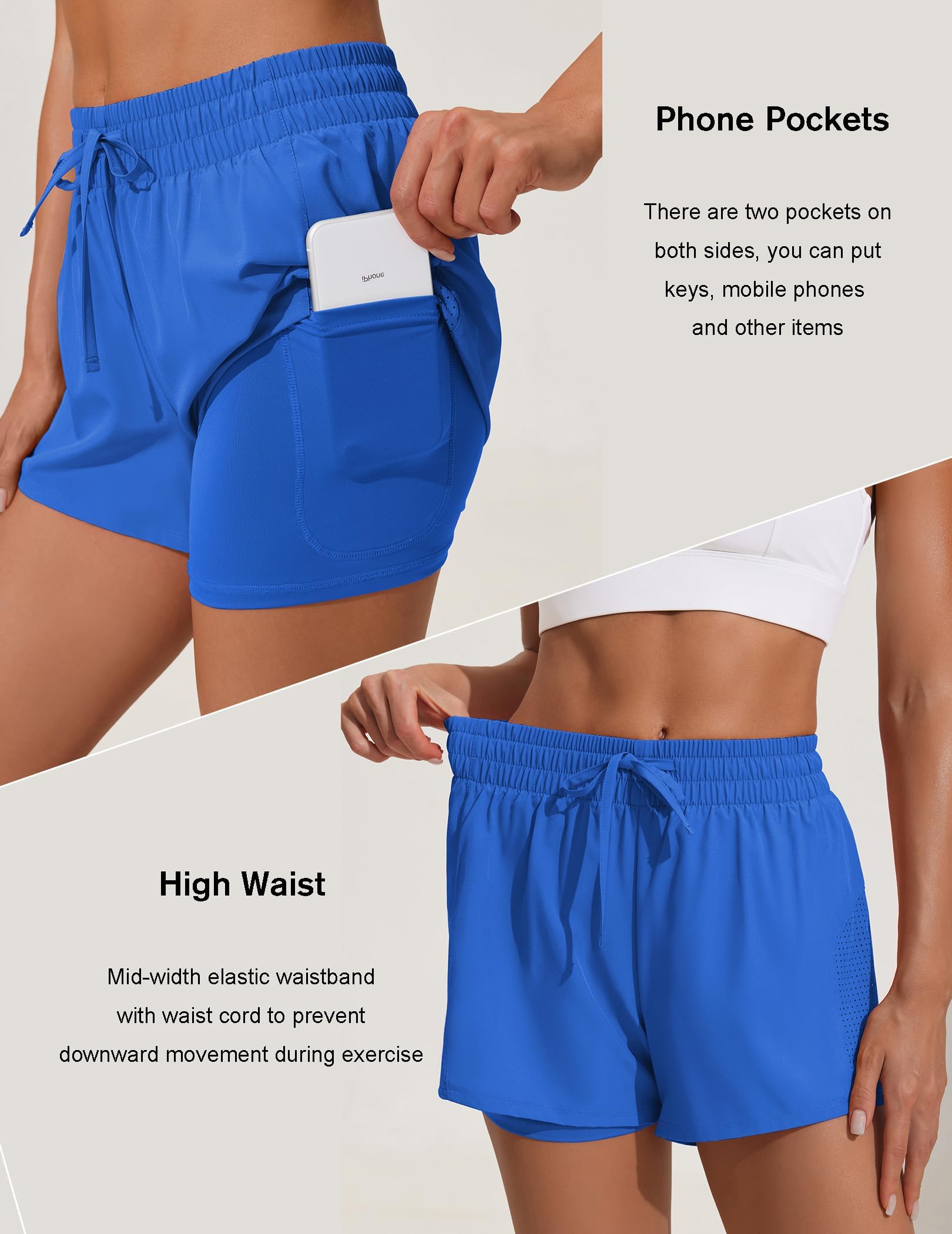 PINSPARK Pantaloncini Sportivi da Donna 2 in 1 Pantaloncini da Allenamento a Vita Alta Pantaloncini Sportivi da Corsa ad Asciugatura Rapida con Tasche