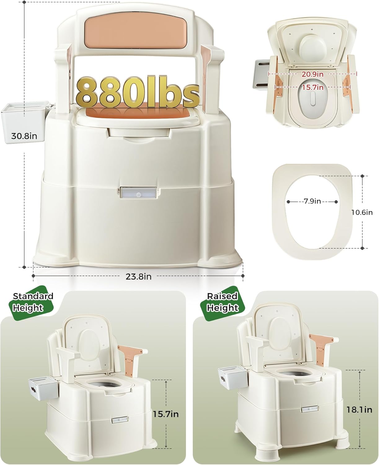 Bedside Commode, Upgraded Commode Toilet Potty Chair with 3 Rolls of Commode Liners, Automatic LED Light, Detachable Armrests, 2-Level Height, Heavy Duty 880lbs Loading