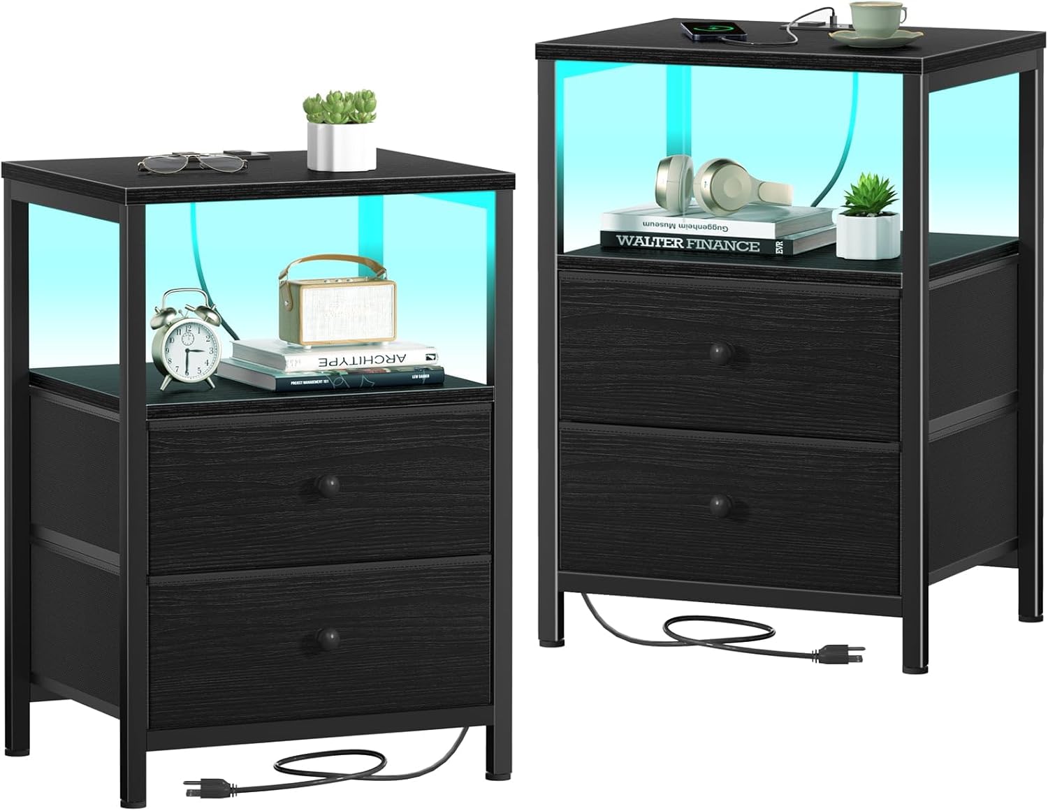 BOLUO Black Nightstands Set of 2, Bedroom Night Stand Set Two Nightstand with Charging Station and LED Light, Bedside Table with 2 Fabric Drawers Modern