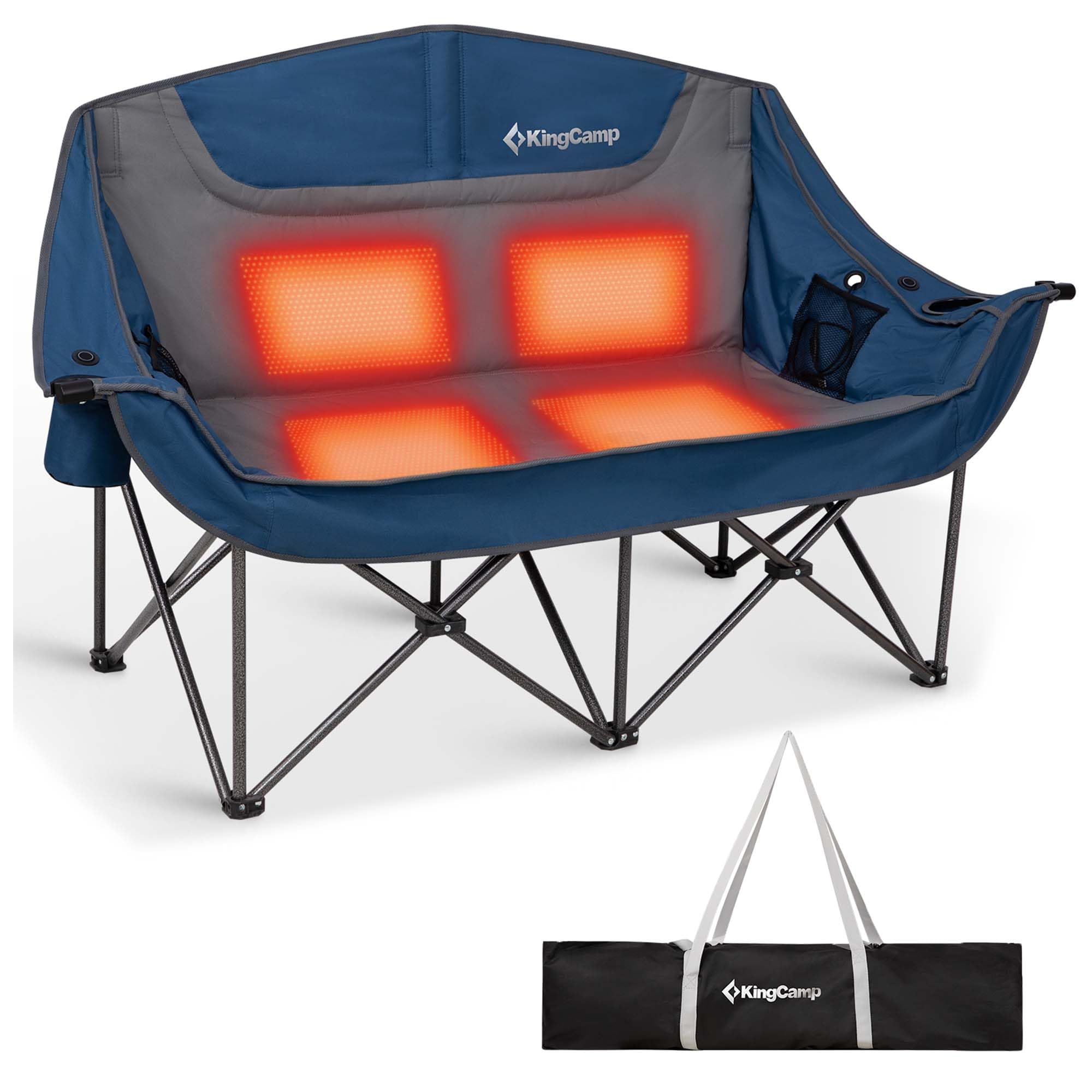 KingCamp Heated Double Camping Chair, Oversized 880lbs Heavy Duty Loveseat for Adults Portable Folding XL 2 Person Couch Padded Comfortable with 3 Heat Levels for Outdoor Sports Lawn, Blue/Grey