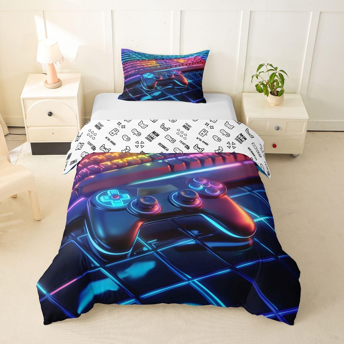 Castle Fairy Gamepad Girls Bedding Set Twin Size, Gaming Keyboard Grid Duvet Cover Set,Neon Video Games Room Decor,Black Blue Quilt Cover,1 Pillowcase(No Comforter)