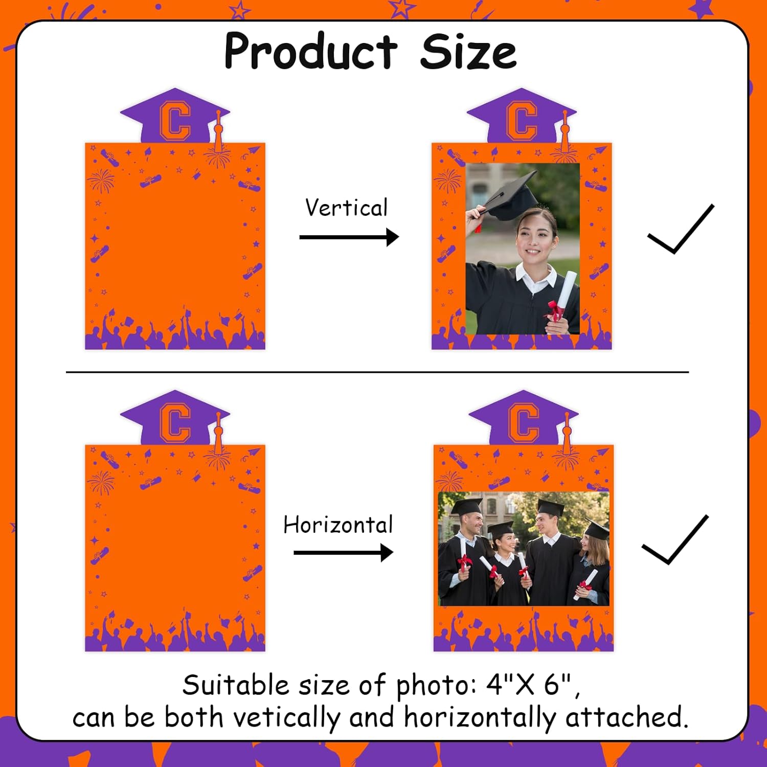 Orange Purple Graduation Photo Banner Congrats Grad Photo Cards Banner Fireworks Bachelor Cap DIY Picture Hanging Decor Grad Photos Props for Girls Boys Graduation Party Supplies - Image 3