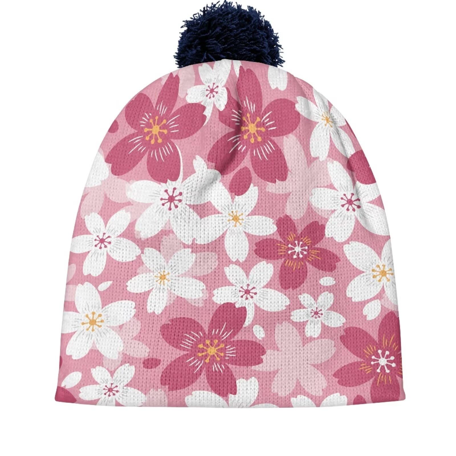 Hechitok Knit Winter Cherry Blossom Beanie Hats, Beanie Knit Soft Warm Cuffed Hat for Girls Boys for Work Vacation Spring Autumn, Blue Ball