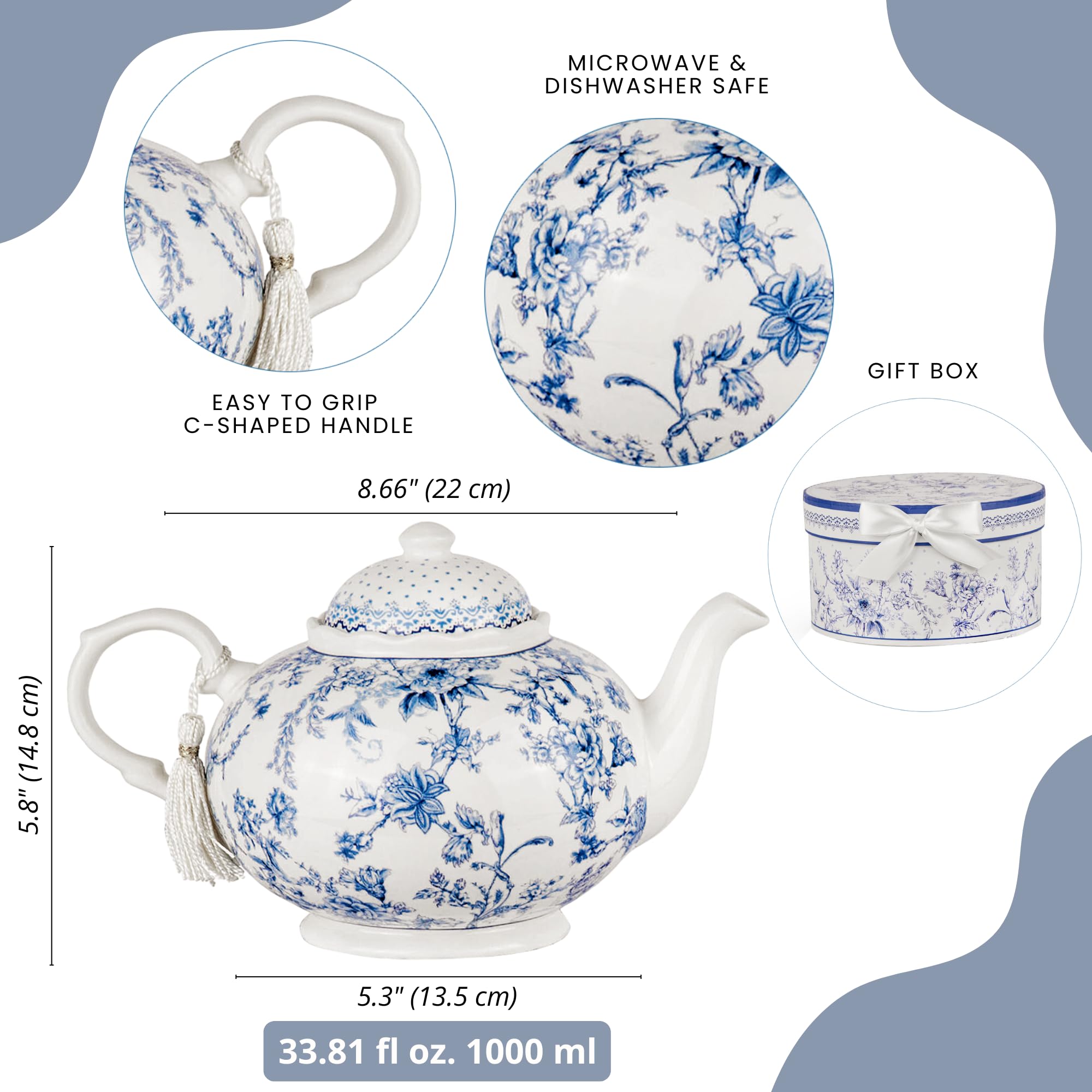 Amazon.com | Bone China Blue Flowers Teapot in Gift Box 33.81 fl