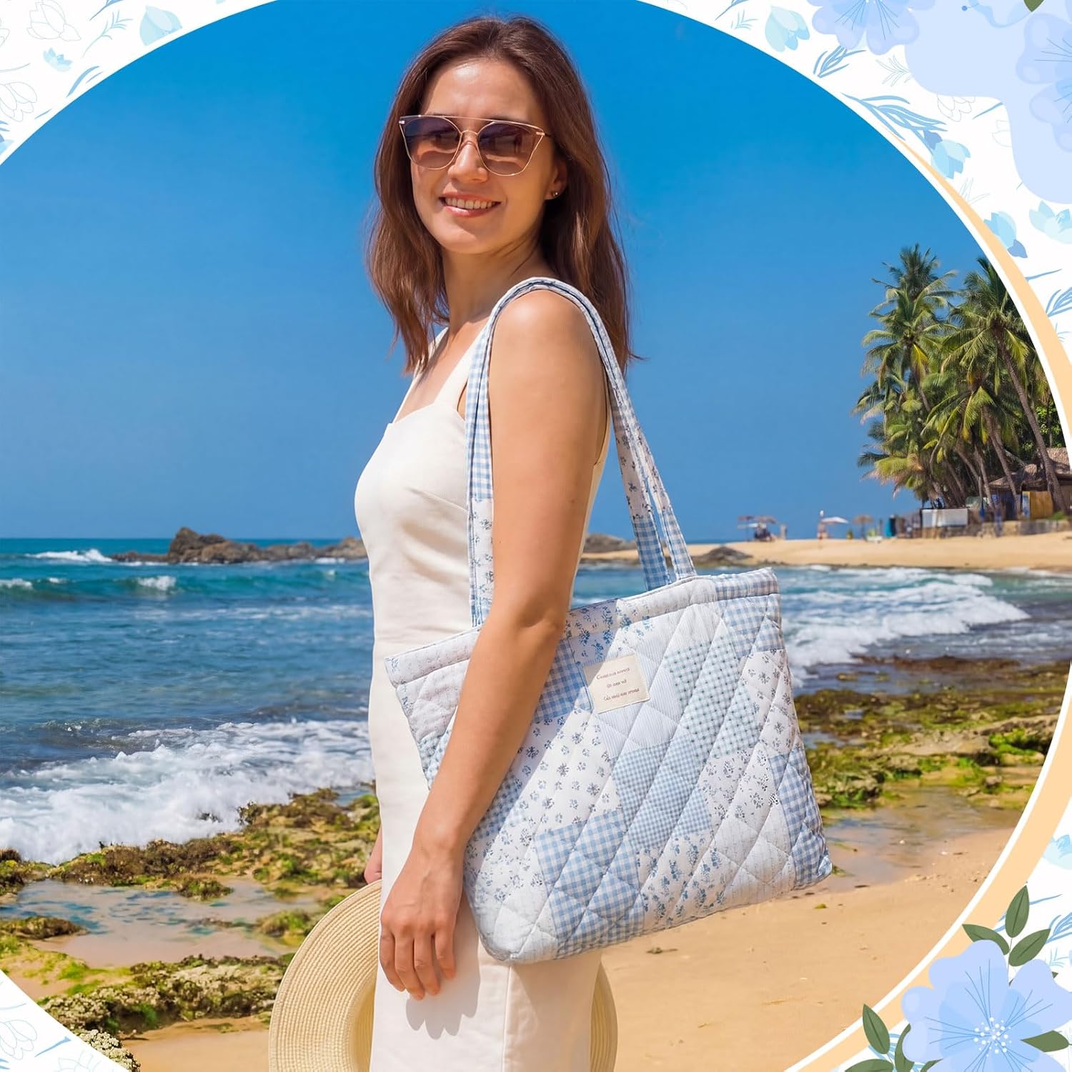 Tallew 3 Pcs Quilted Tote Bag Set for Women Floral Cotton Shoulder Bag Makeup Cosmetic Pouch Coin Purse Coquette Aesthetic Bag for Work Travel Gifts for Women Girls Mother's Day Birthday(Blue Patch)