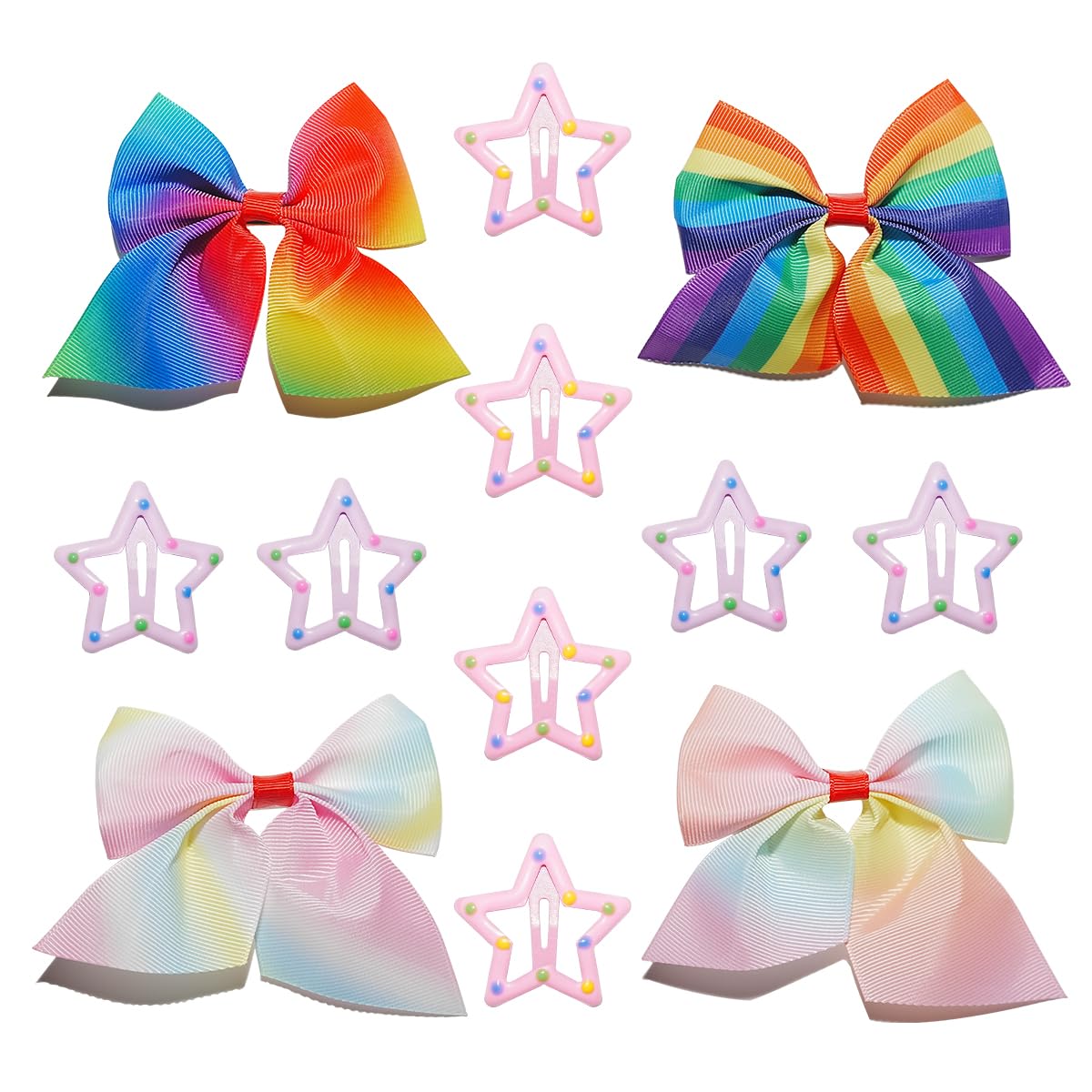 Girls Hair Clips Set - 4 Rainbow Bows & 8 Star Clips for 1-10 Year Olds, Christmas Halloween New Year Party Accessories (12 PCS)