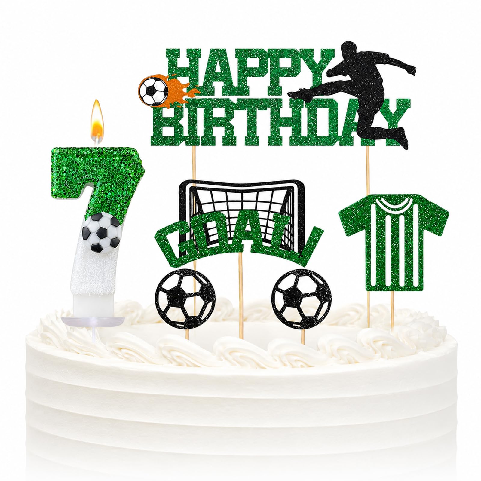 Bolosa 7th Birthday Football Cake Topper Set with Number 7 Birthday Candle, Football Cake Decorations with Goal, Shirt, Player and Balls,7th Birthday Party Decor for Young Fans and Sports Celebrations