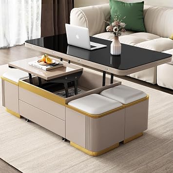 Guyii Modern Lift Top Coffee Table with 4 Storage Stools, 3-in-1 Multifunctional Center Table, Extendable Coffee Table with Wheels, Space Saving Folding Dining Table for Living Room, Easy Assembly