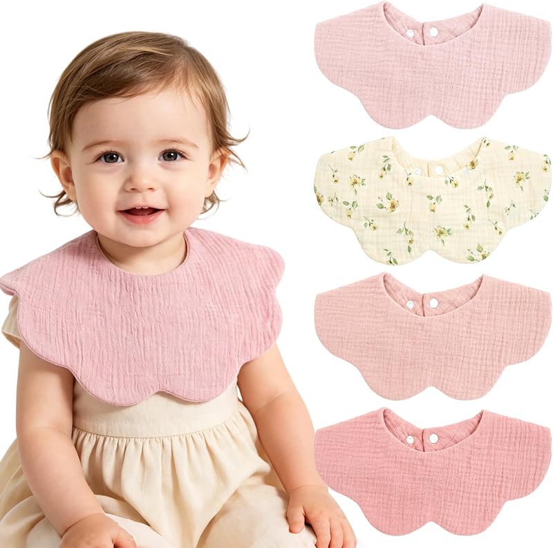 Baberos de muselina para bebé, paquete de 4 baberos para bebé niña, baberos ajustables 100% algodón suave para niños pequeños, babero recién nacido para babear y dentición
