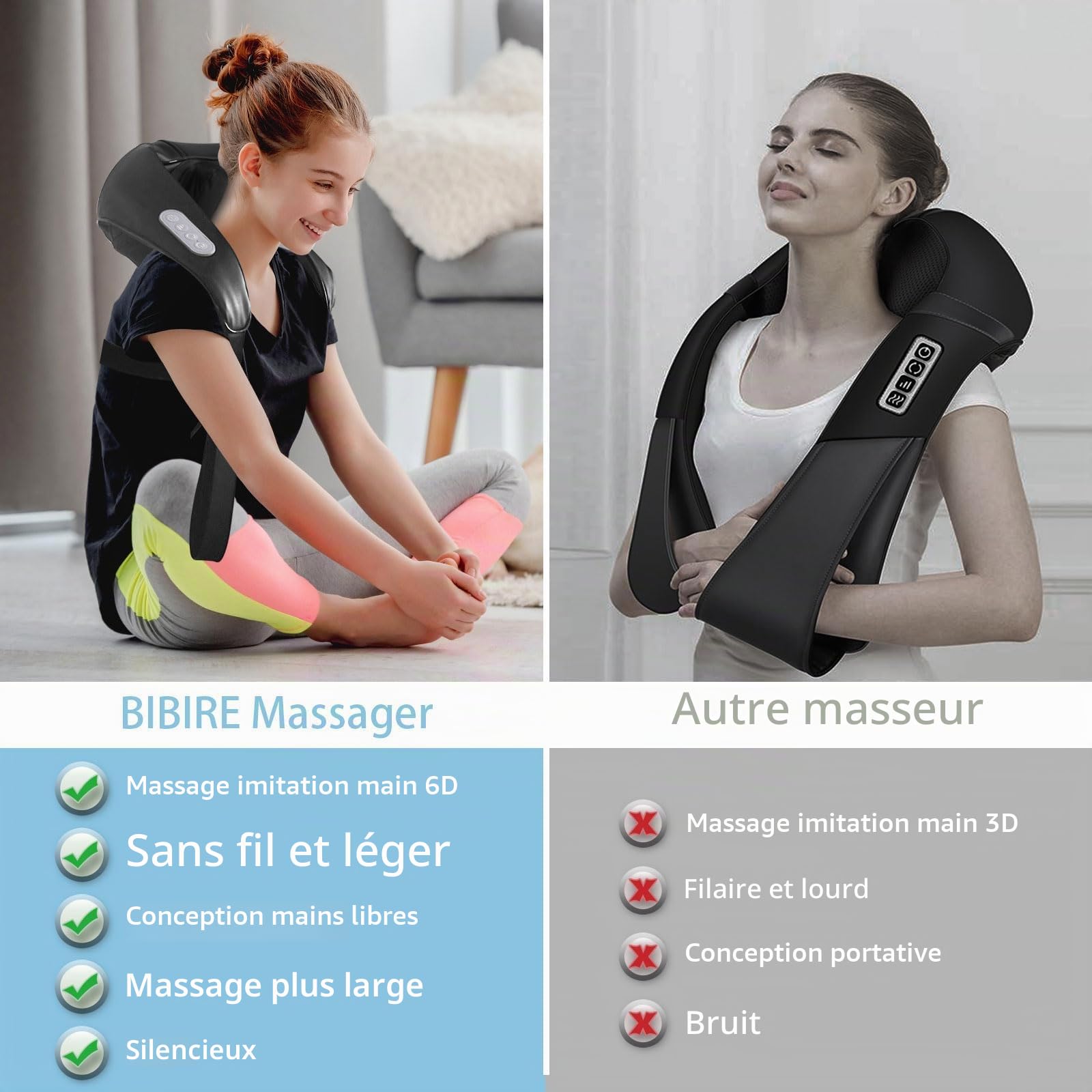 BIBIRE Masseur pour tissus profonds du cou et des épaules : masseur Shiatsu sans fil avec 6 nœuds de pétrissage et fonction de chaleur. Idéal pour soulager les douleurs au cou, au dos et aux jambes