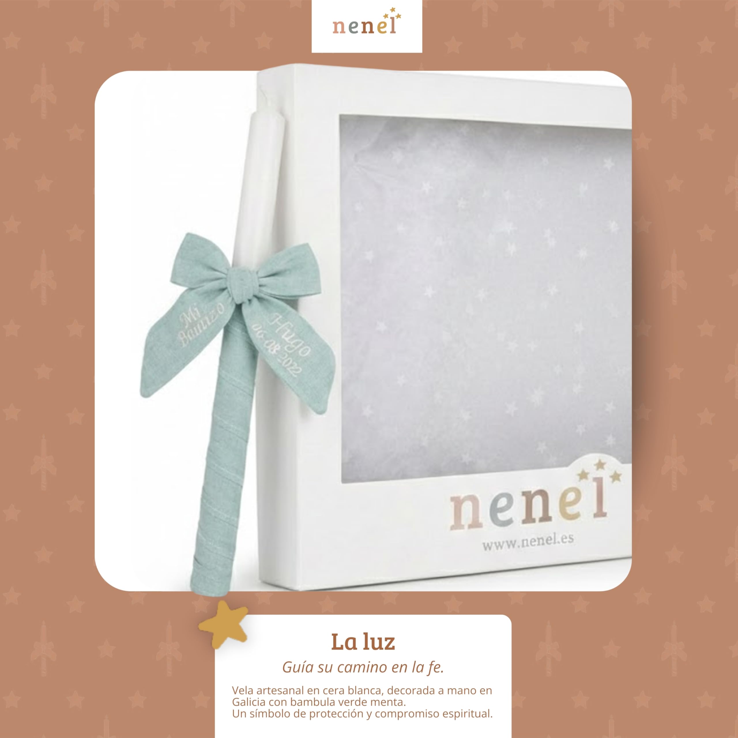 Vela para Bautizo personalizada - Vela Bautismal Personalizable con nombre y fecha – Cirio sacramental decorado - Cirio de Bautizo - Modelo Bambula – Nenel (Verde Menta)