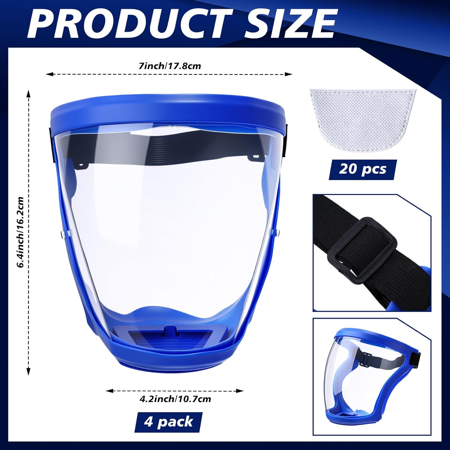 4 Pack Super Protective Face Shields with Filter Pad for Grinding and Cutting Plastic Full Face Masks Bulk for Woodworking (Blue) - Image 2