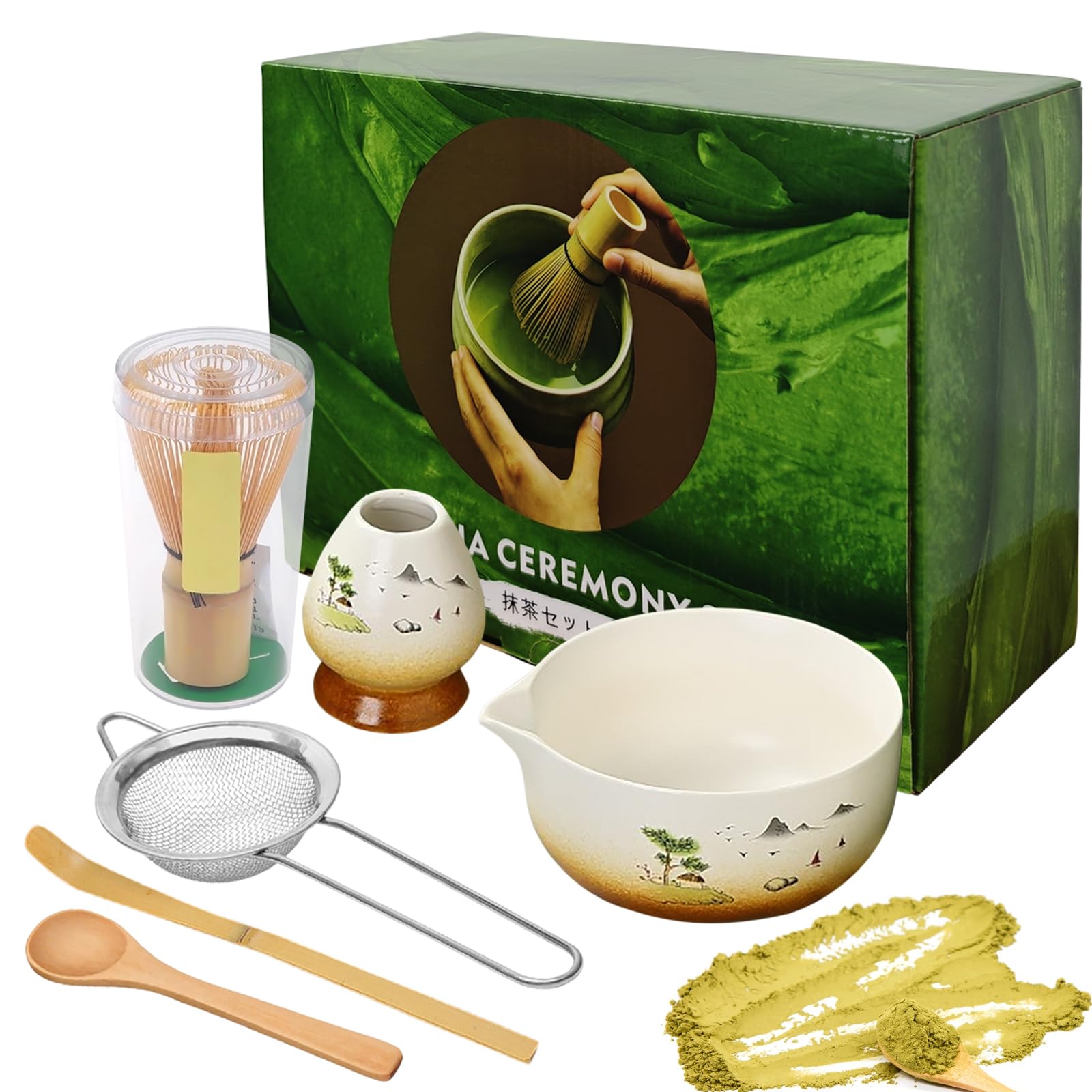6PCS Matcha Kit, Matcha Tea Set White, Ceramic Matcha Bowl, with Holder/Scoop/Sifter, Whisk Holder Matcha Whisk Set, Matcha Set Whie, for Making Breakfast/Matcha Latte