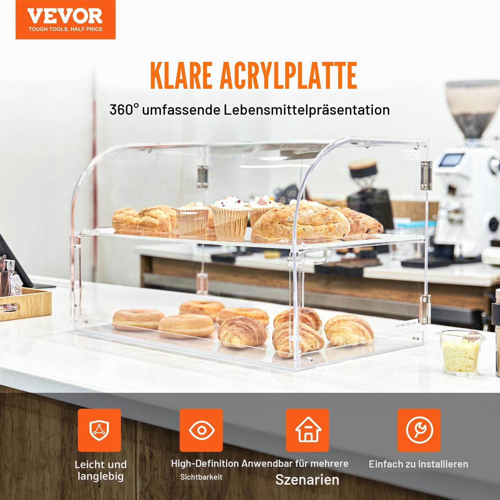 VEVOR 3-stöckige Gebäck-Vitrine, Kommerzielle Bäckerei-Vitrine 558 x 356 x 356 mm, Acryl-Vitrine mit mit stabilen Doppelscharnieren, Bäckerei Konditorei Vitrine für Donut-Bagels, Kuchen, Kekse usw.