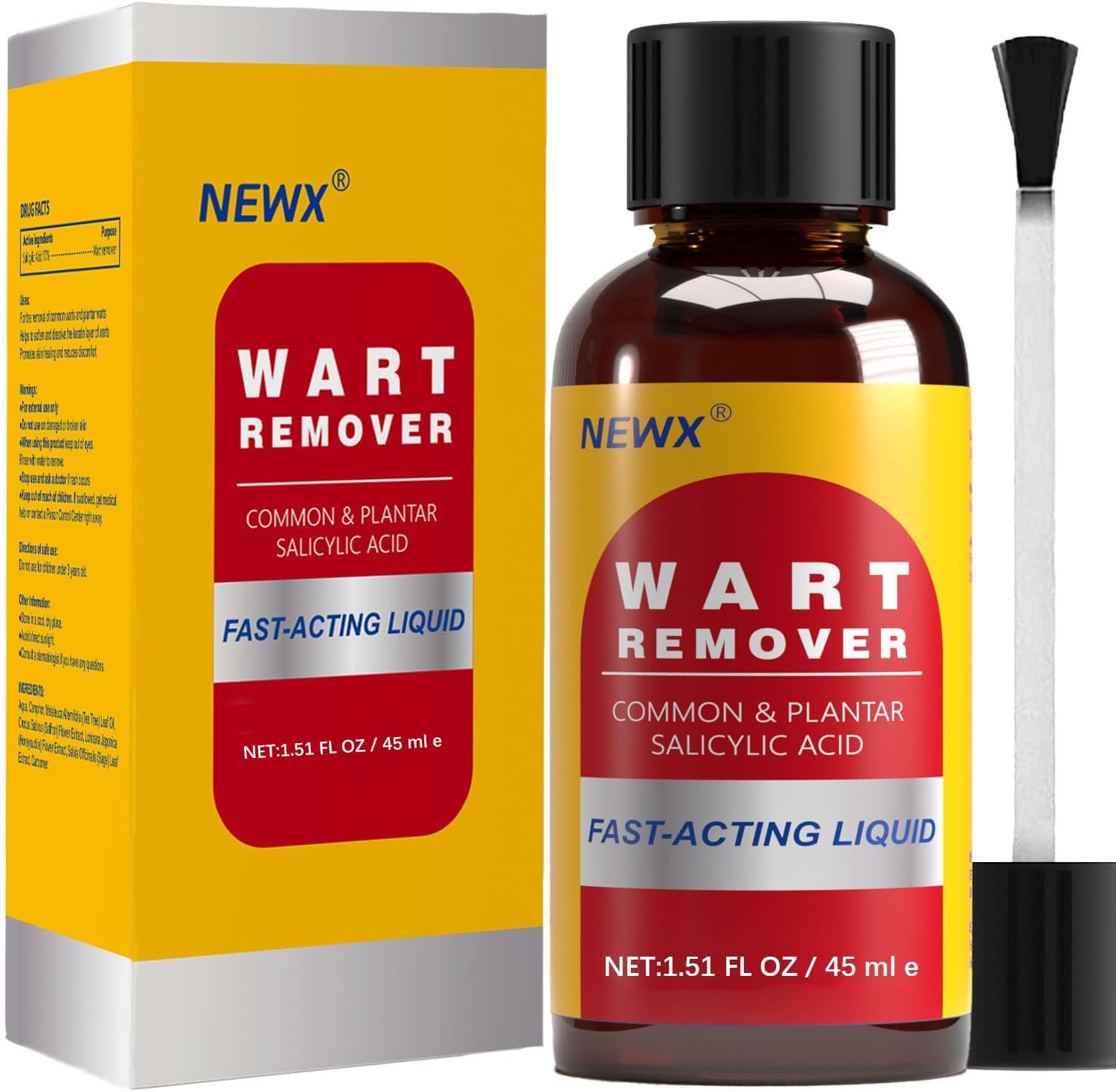 NewX Fast Action Liquid Wart Gel Maximum Strength - Wart Remover for Plantar, Common, Flat Warts and Corns on Feet, Toes, Fingers, and Hands - Salicylic Acid