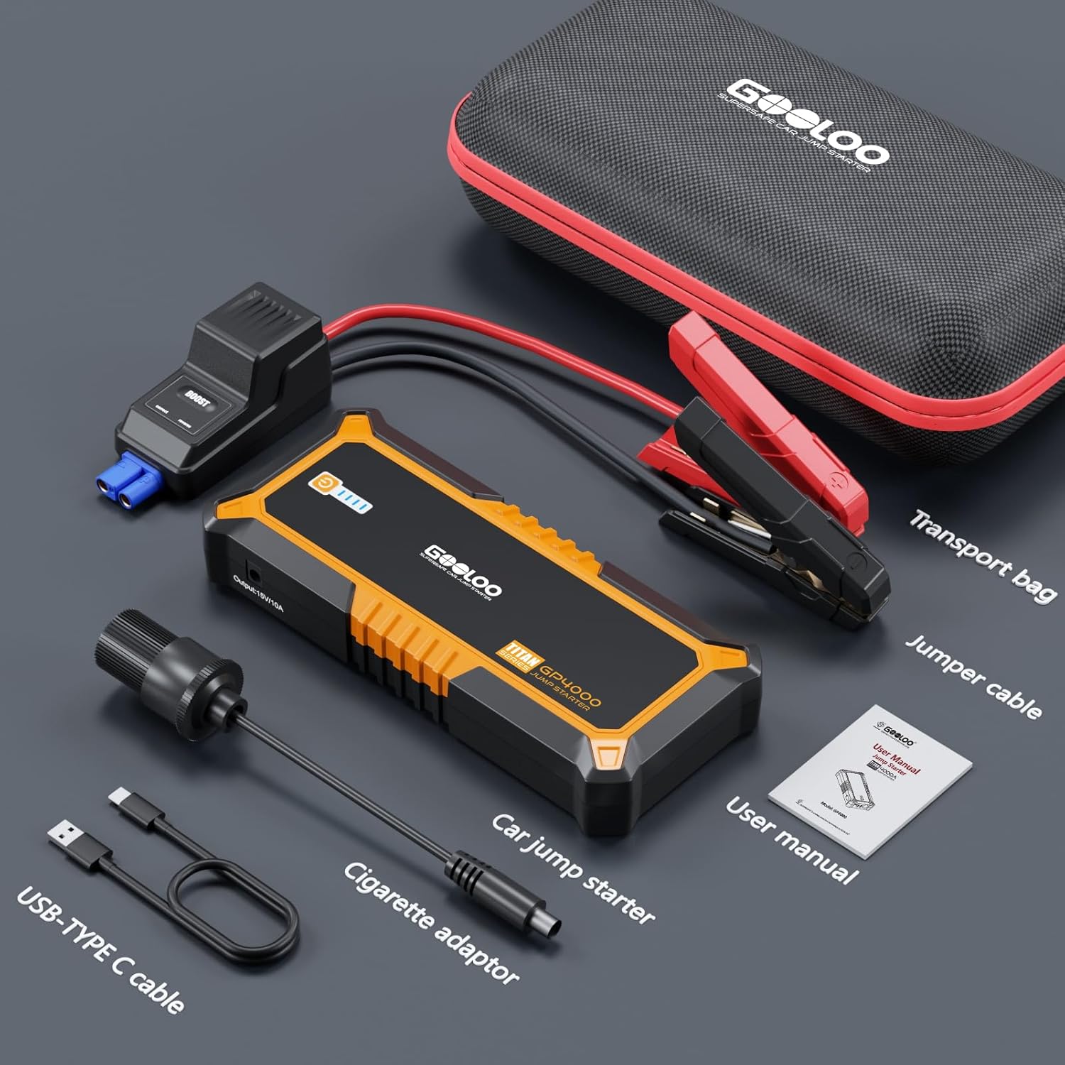 Image showing all GOOLOO GP4000 package contents: jump starter, smart jump cable, USB-C cable, storage case, user manual, and cigarette lighter adapter.