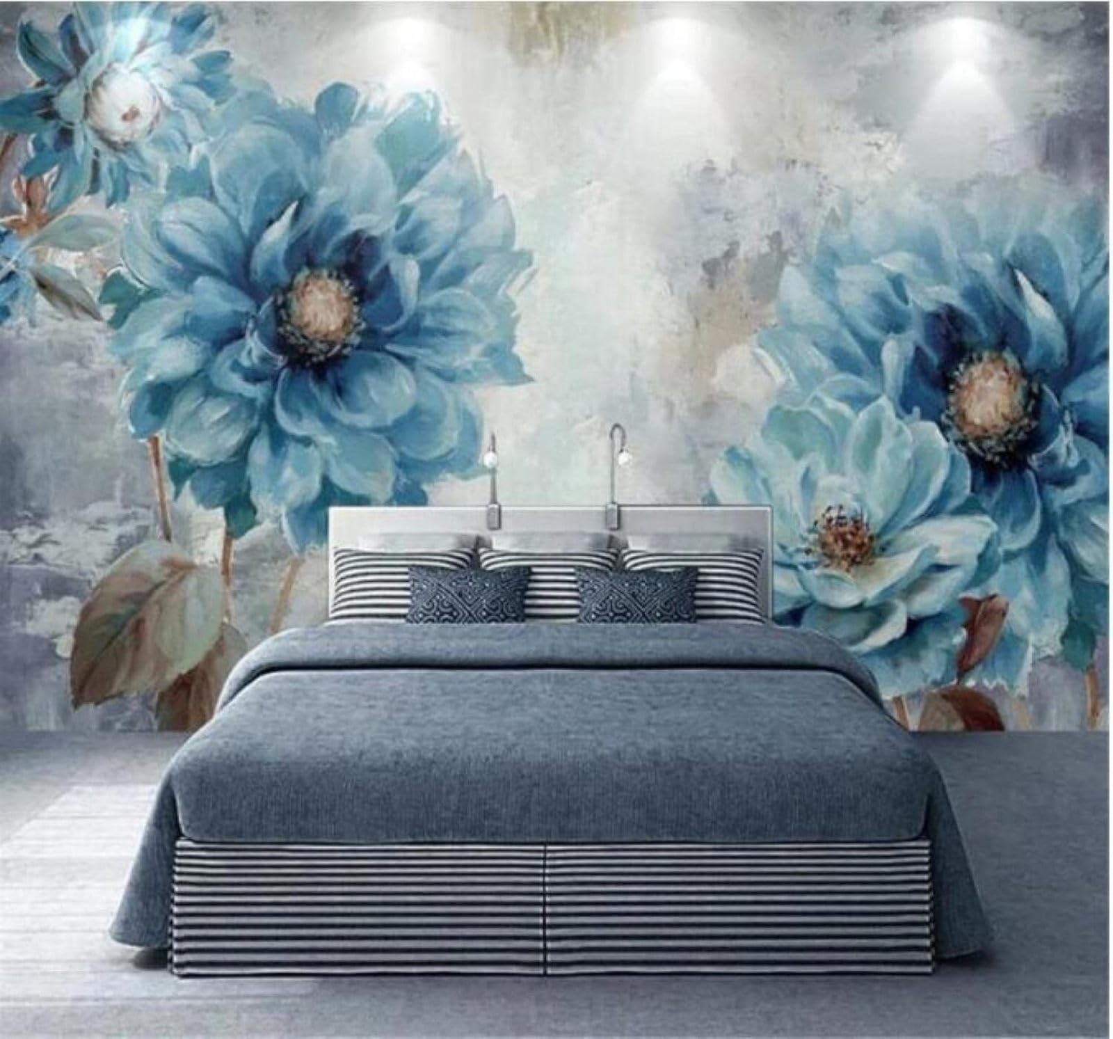 XLMING Hand Drawn Retro Watercolour Blue Flowers 3D Wallpaper Luxury Home Dining Decor Paste Sofa Living Room The Wall for Bedroom Mural-350cm×256cm