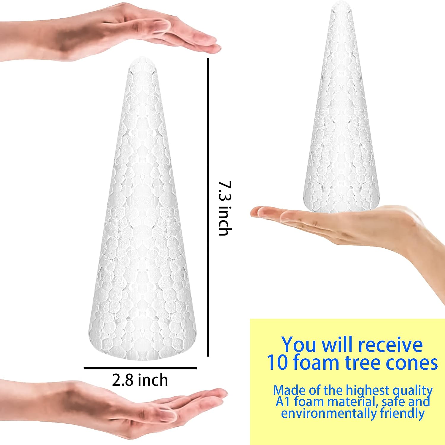 MotBach 10 Pack Foam Tree Cones, Craft Foam Cone, White Styrofoam Cones, Polystyrene Cone for Home House Kitchen Party Decoration, DIY Crafts, Christmas Tree, Christmas Gnomes (7.3 x 2.8 inch)