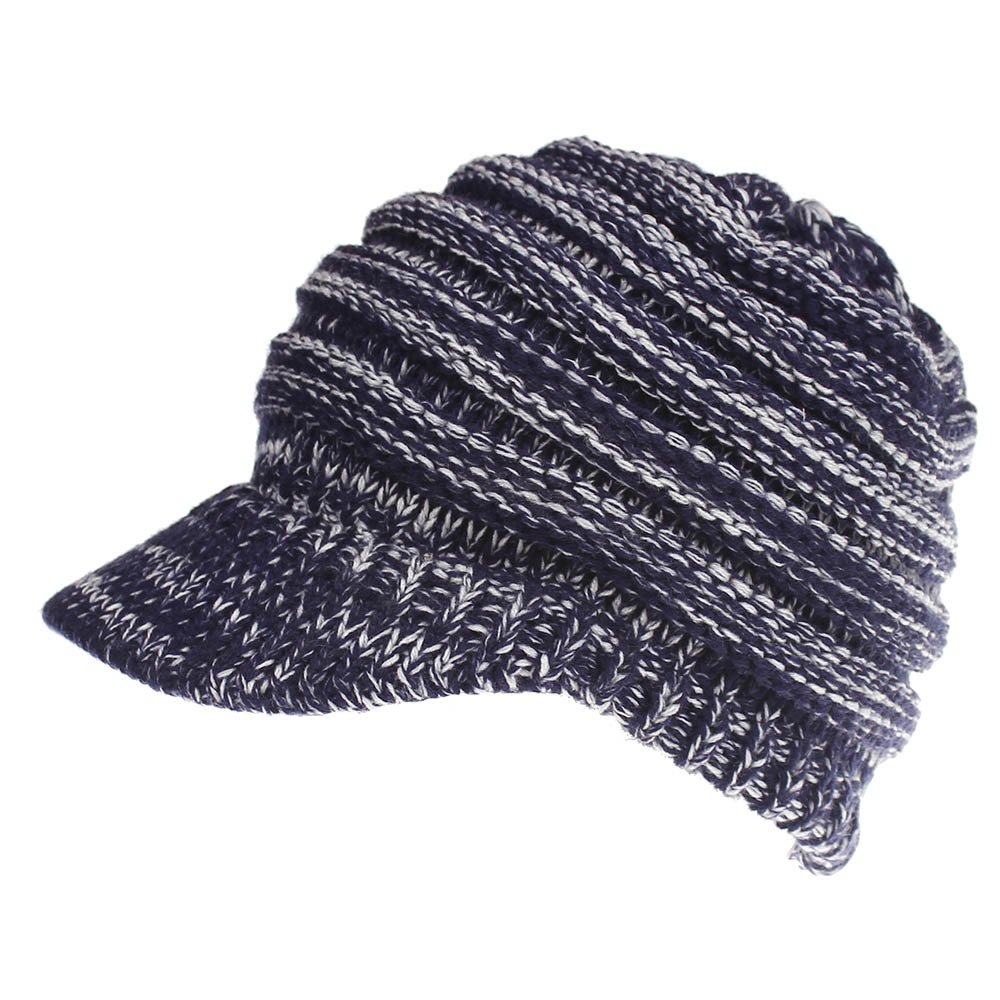 Camelliass Women's Navy Blue & White Ponytail Beanie Hat Peaked Beanie Outdoor Winter Warm Knitted Baseball Cap Messy Bun Hat (Navy Blue & White)