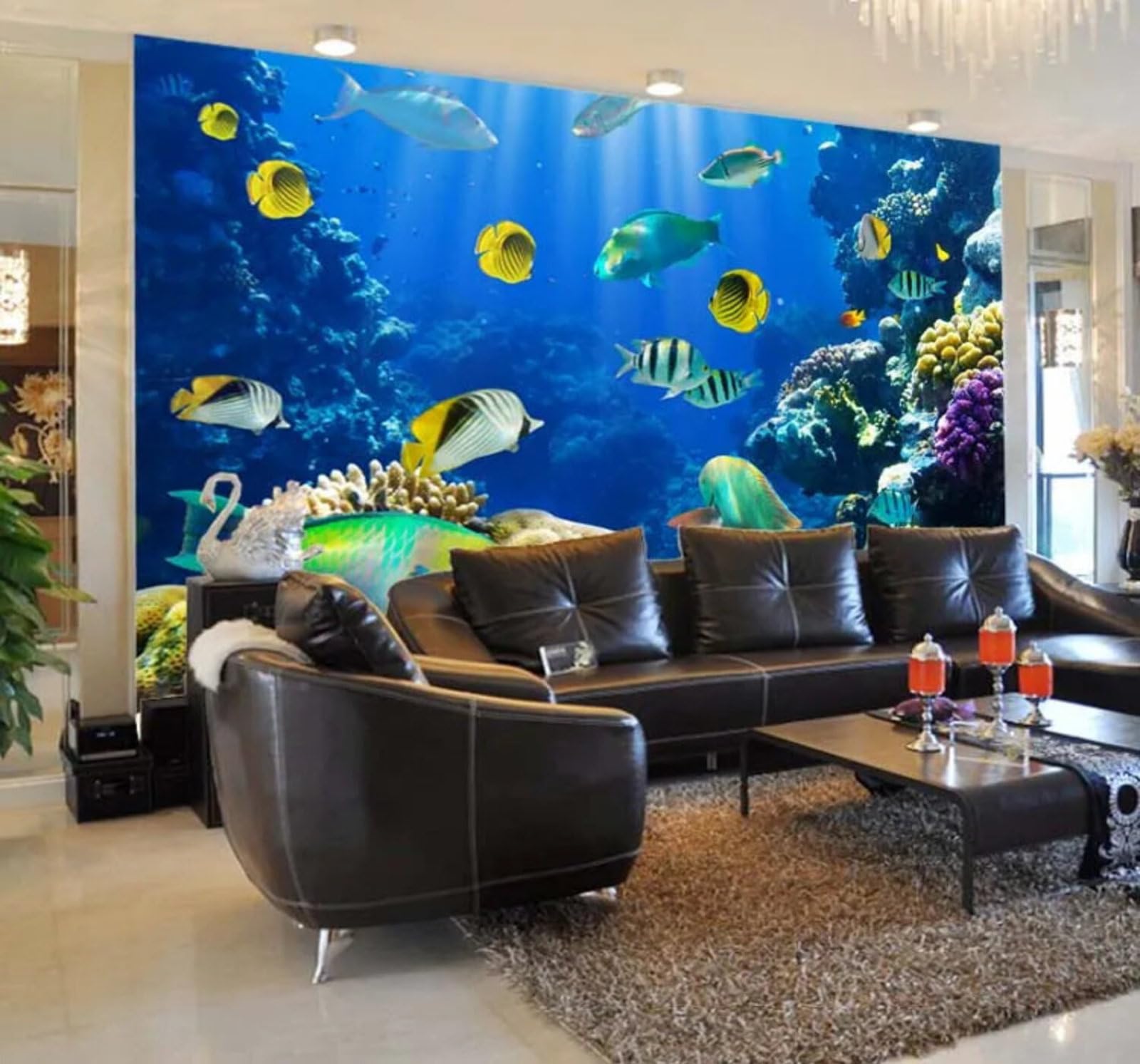 Xlming 400Cm×280Cm(B×H) Fresh Cartoon Blue Underwater World Fish 3D Wallpaper Silky Texture Home Study Office Grey Dining Room Sofa Bedroom Living Room Tv Backdrop-400Cm×280Cm