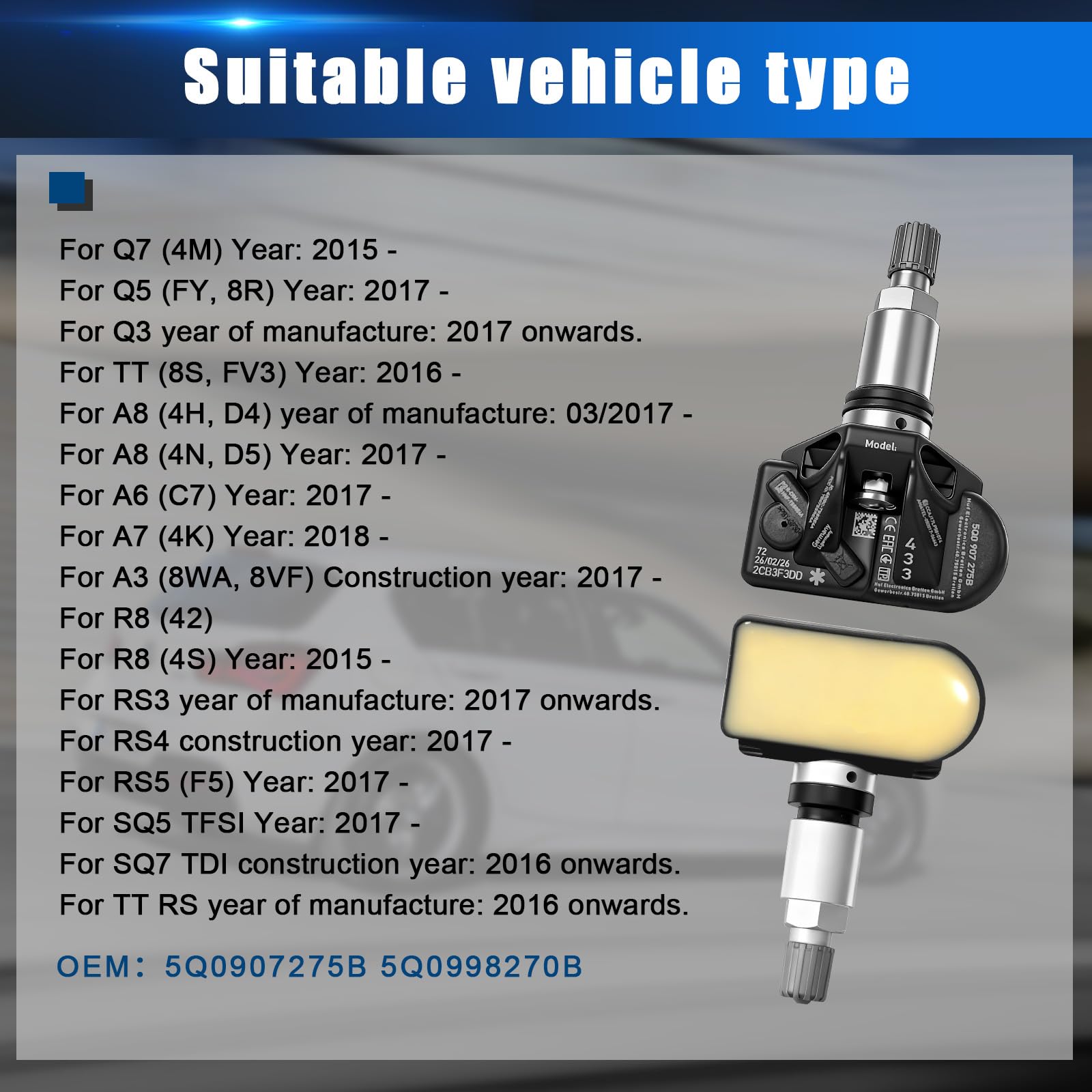 Sensor de Presión de Neumáticos Compatible con Porsche Skoda Seat A3 A4 A5 A6 A7 Q1 Q2 Q3 Q4 Q5 Q7 RDKS TPMS 5Q0907275B, 5Q0998270B 4 Piezas