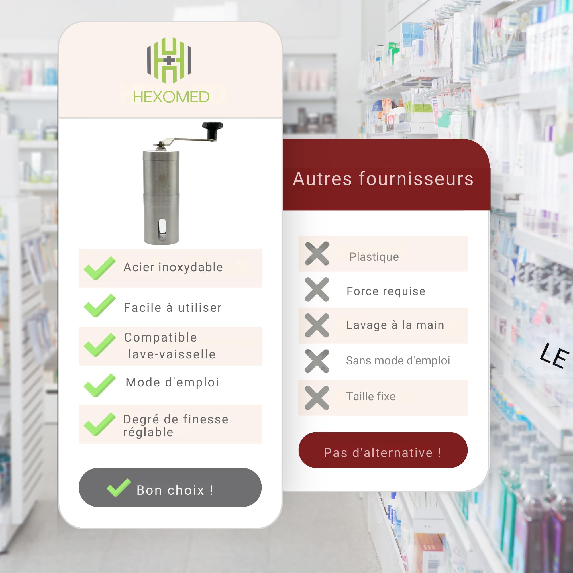 Broyeur pilule HEXOMED en acier inoxydable – Broyeur médicament manuel pour adultes, enfants et animaux domestiques – Mortier médicament