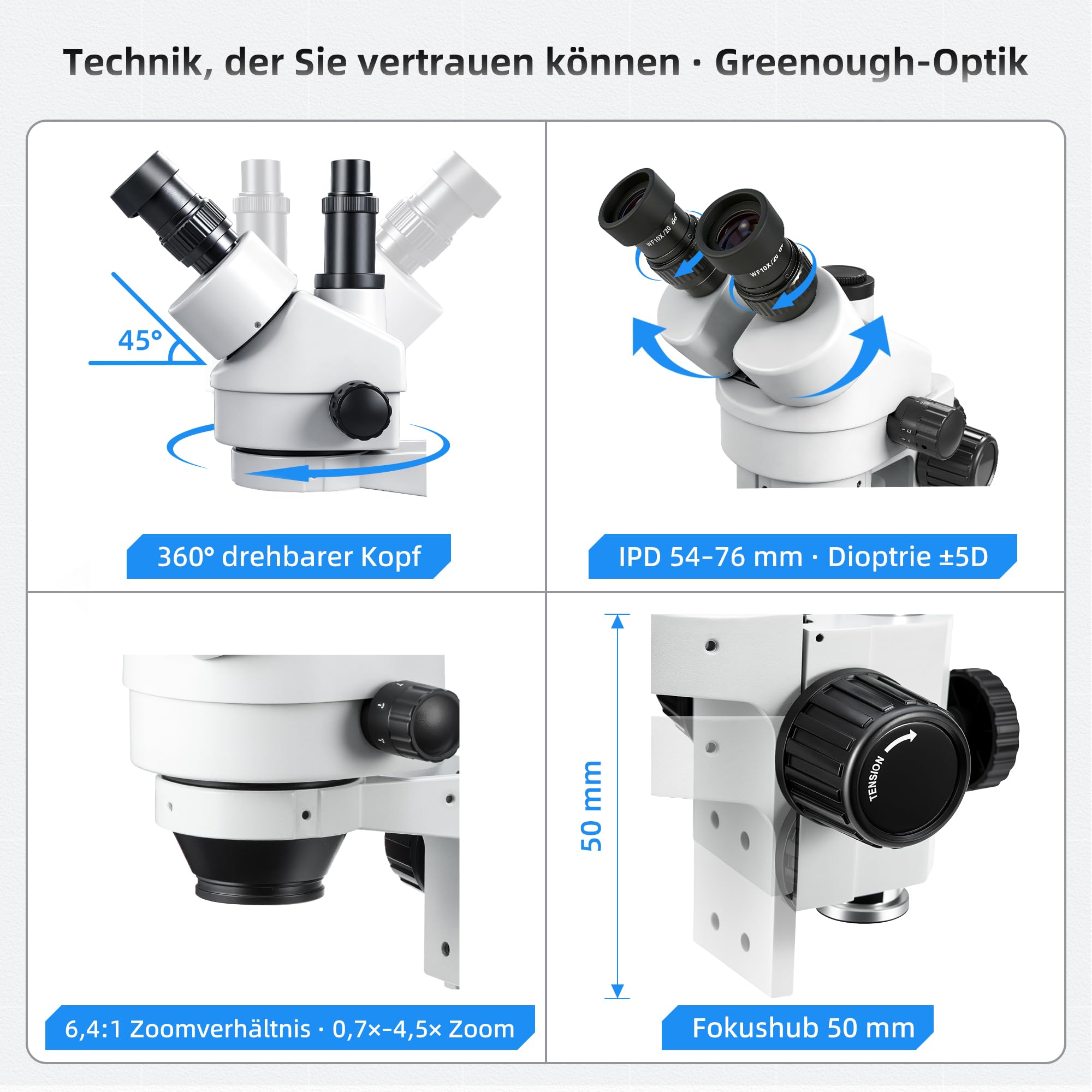SWIFT S7-TS520-EA10-144 trinokulares Stereo-Zoommikroskop (Greenough) 3,5–90×, stufenloser Zoom 0,7–4,5×, Boom-Stativ, 144-LED Ringlicht dimmbar, φ23,2mm Kameraadapter