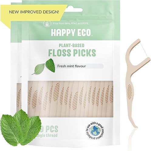 Palillos de hilo dental natural (100)  Varillas de hilo dental veganas, sostenibles y reutilizables para adultos y niños con púa dental  Removedor
