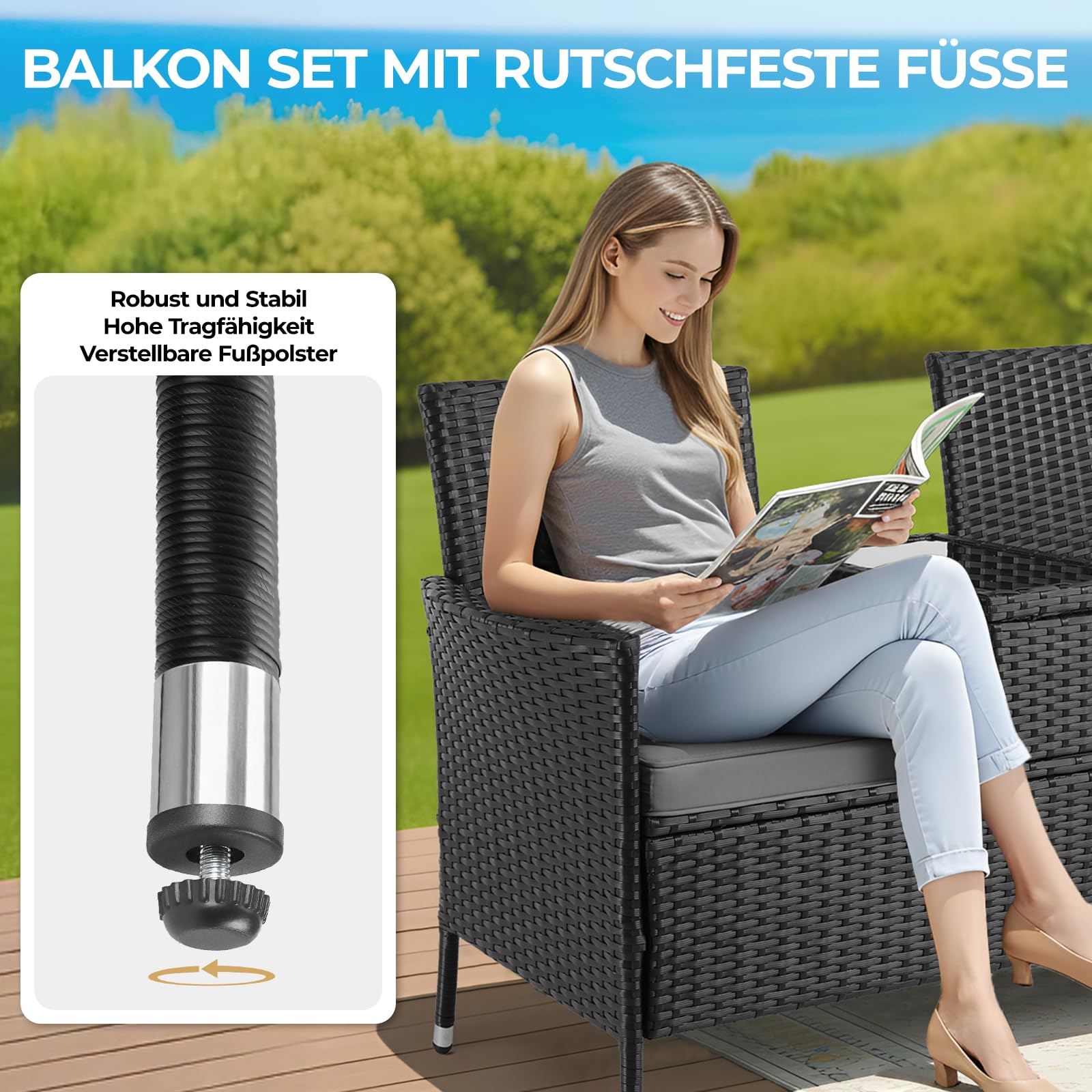 Clevich Polyrattan Gartenbank mit Tisch, Balkonmöbel 2er Set mit Weicher Sitzkissen, Gartenmöbel Set für Kleinen Balkon, Wetterfest, UV-beständig, Outdoor Sitzbank für Terrasse, Garten (Schwarz)