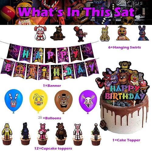 Miniatura 2 de Suministros para fiestas, juego de 40 unidades, 1 pancarta de Five Nights Freddy, 20 globos, 6 espirales colgantes, 1 adorno para pasteles, 12