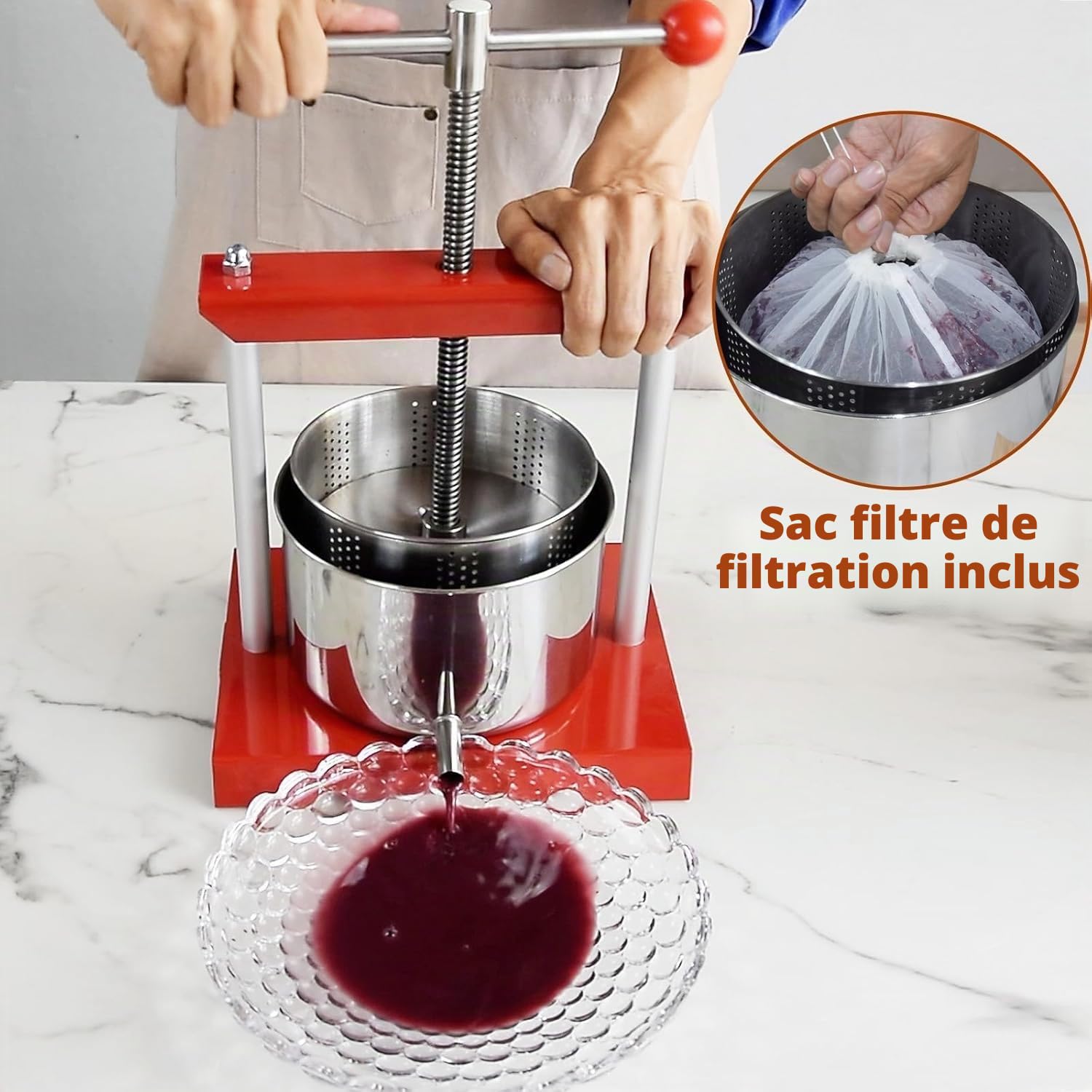 SQUEEZE master presse à fruits et vin, 1,6 gallons / 6 litres, bleu, fromage, teinture, herbes, en acier inoxydable et fer pour jus, cidre, vin, huile