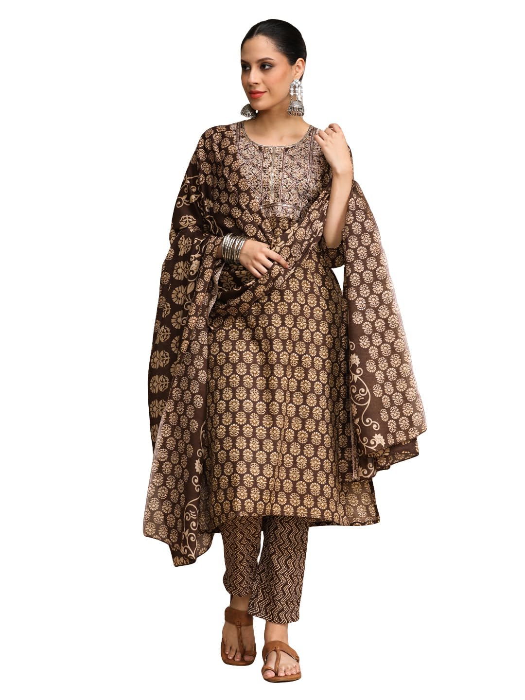 Varanga Brown Ethnic Jaipuri Printed Thread Embroidered Kurta With Trouser & Dupatta