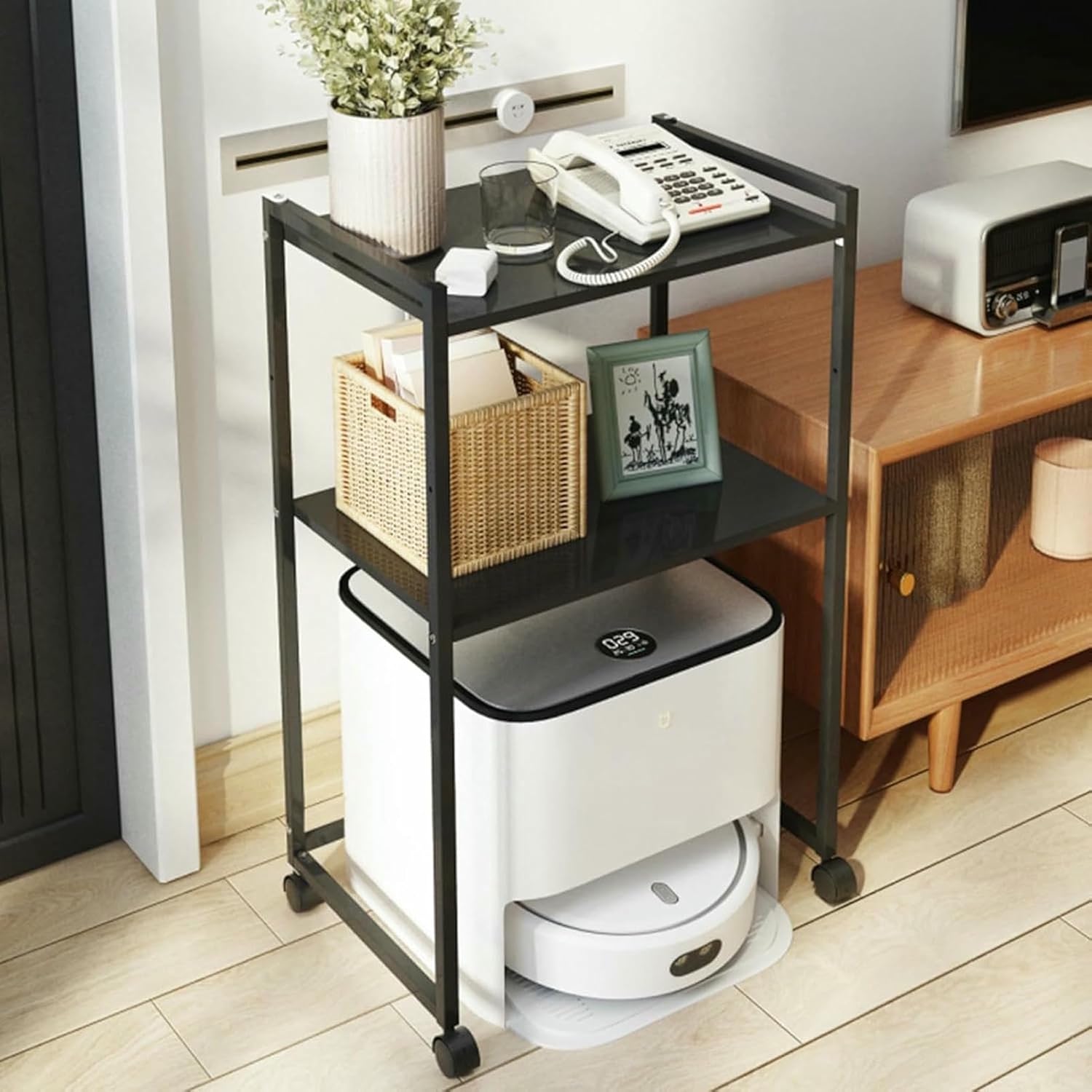 Metal Robot Vacuum Storage Cabinet, Organizer Stand for Sweeping Robot Vacuum, Multi Tier End Cabinet with Wheels for Living Room Kitchen, Space Saver