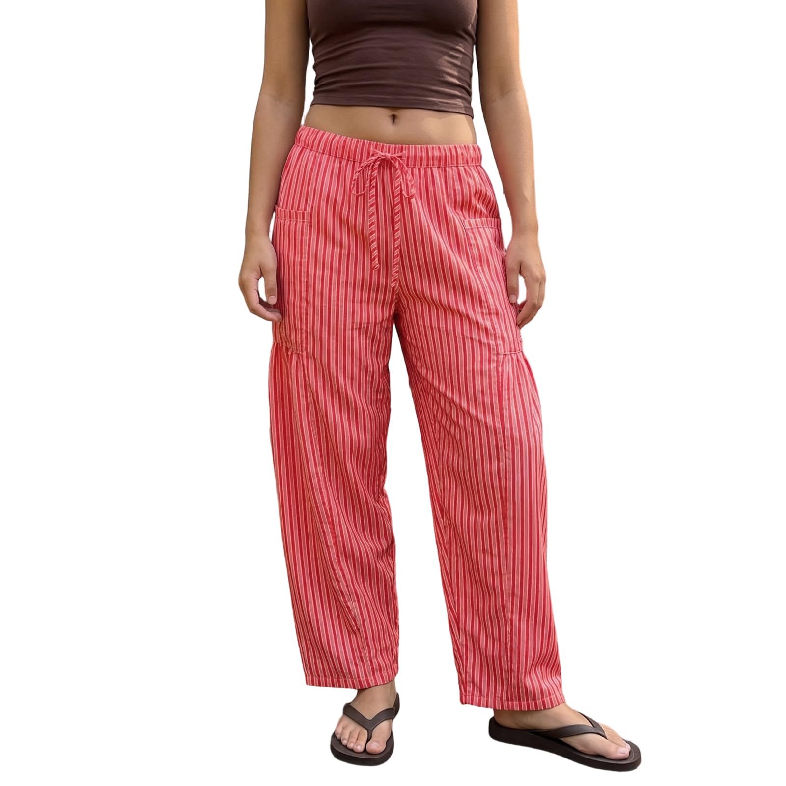 Sexy Outfit Pantalon Sarouel rayé en Coton et Lin pour Femmes, Ample, Jambes Larges, Cordon de Serrage, Pantalon de Plage avec Poches, vêtements de détente d'été