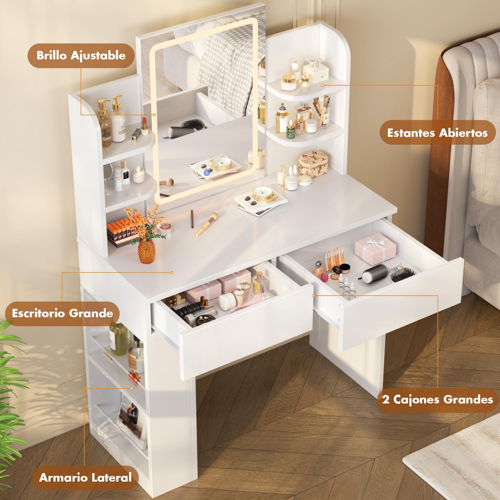 Devoko Tocador de Maquillaje con Luces LED, Brillo Ajustable, Mesa de Maquillaje con Espejo, con 2 Cajones Grandes y 4 Estantes Abiertos y Taquilla Lateral, 90 x 40 x 135 cm, Blanco