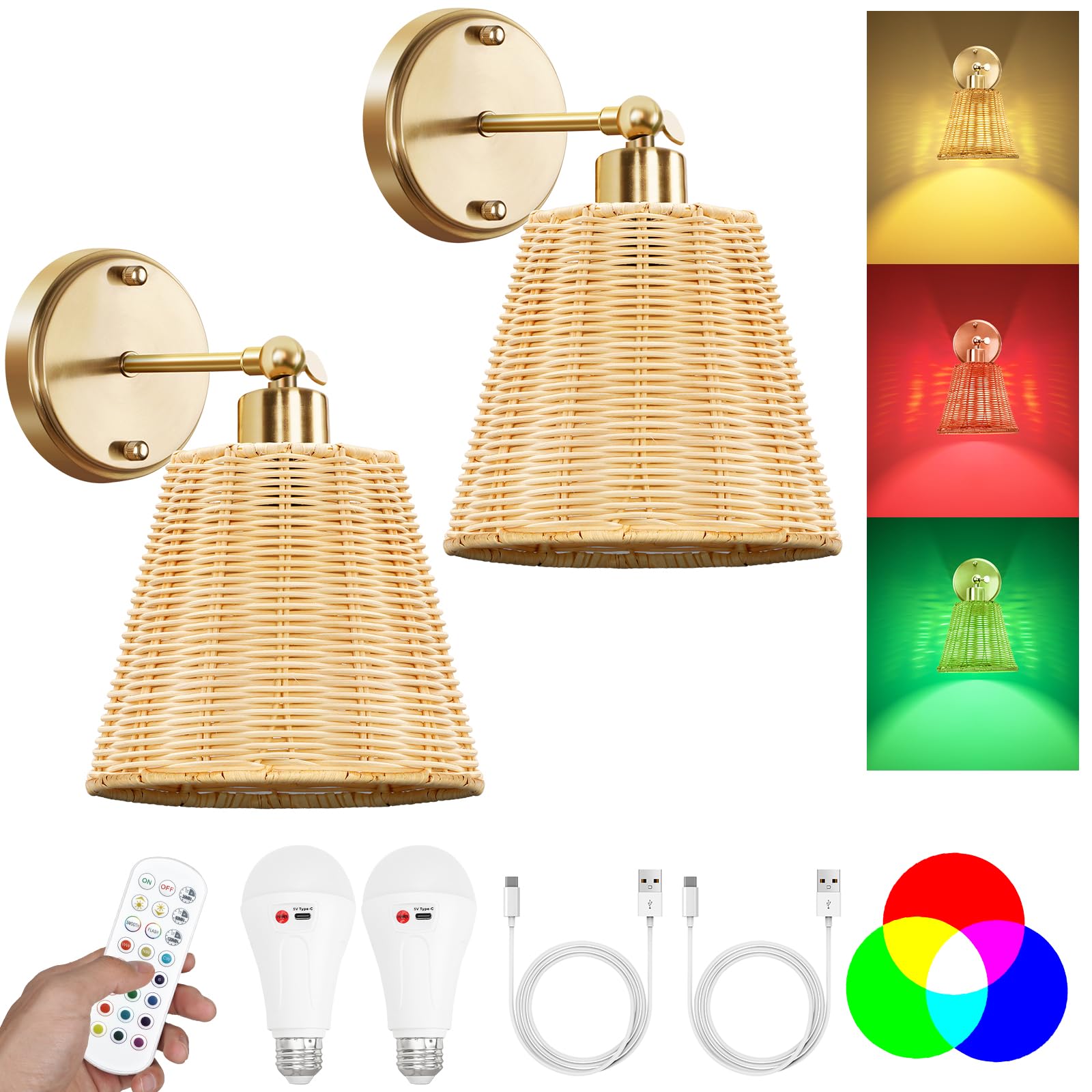 Photo 1 of Frideko Rattan Rechargeable Wall Sconces Set of Two with Remote, RGB 15 Colors Dimmable Battery Operated Wall Lights, Indoor Wireless Wall Lamp with 3 Timer, Farmhouse Boho Sconce Light for Bedroom