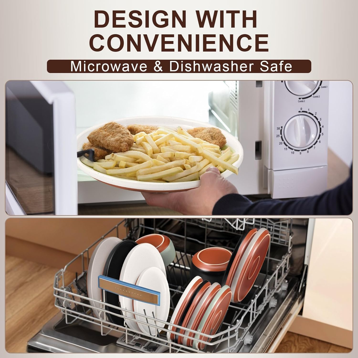 E-far 12-Piece Stoneware Dinnerware Sets, Plates and Bowls Sets for 4, Ceramic Dishware Dishes Set with Terracotta Base, Chip & Scratch Resistant, Microwave & Dishwasher Safe, Speckled White