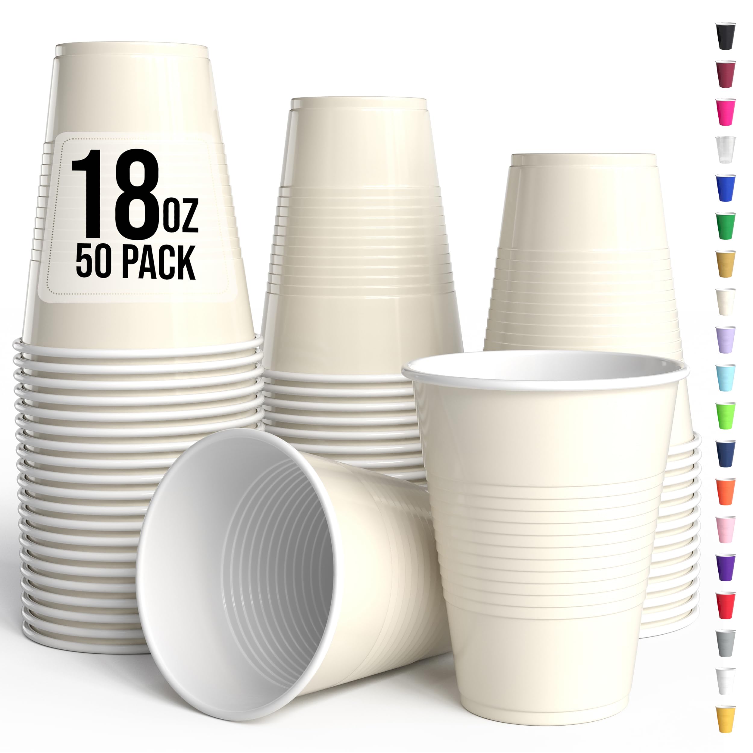 Party Solids 18 Oz Ivory Plastic Cups For Party Supplies 50 Pack | Ivory Disposable Cups Plastic | Disposable Drinkware For Parties, Events & Everyday