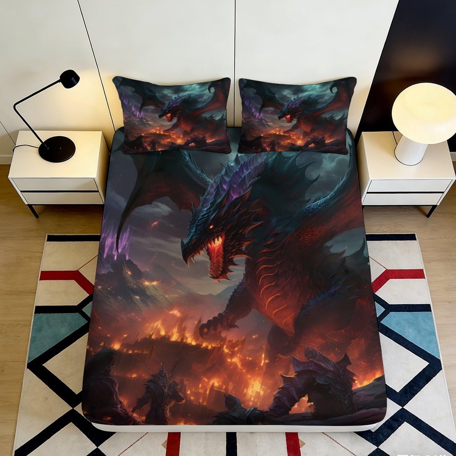 3D Printed Black Dragon Fitted Sheet Microfiber Soft Breathable Fiery Night Mattress Cover for Bedroom Dorm Decor 90x200x25cm
