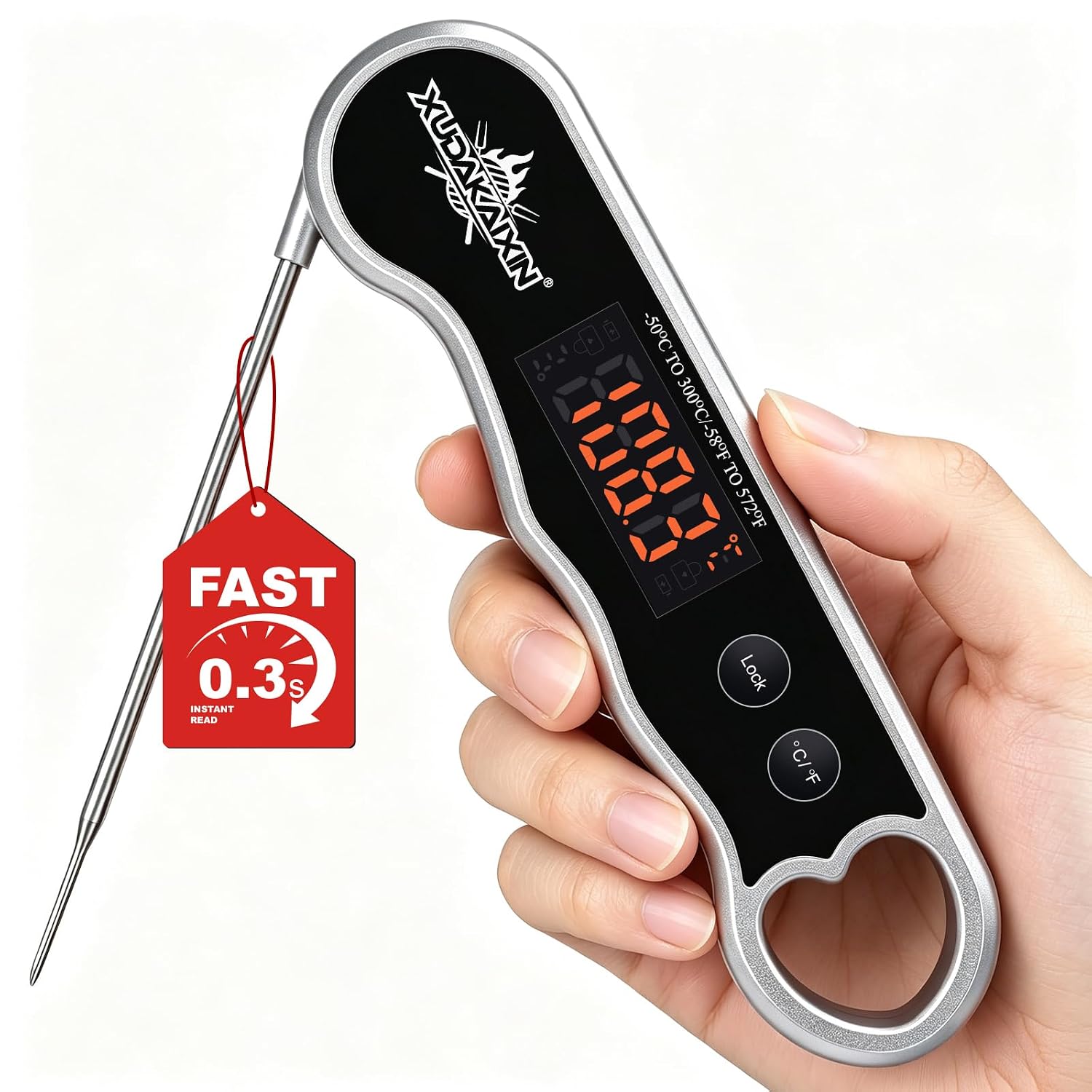 0.3s Fast Read Meat Thermometer – USB-C Rechargeable, Silvery