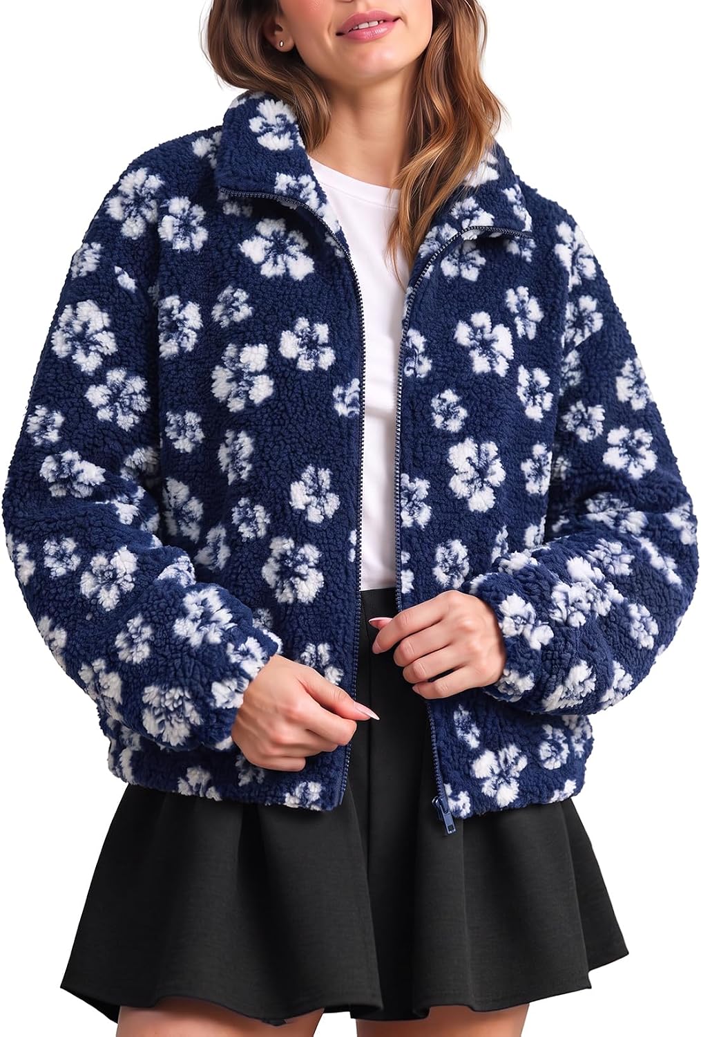 Dokotoo Women's Fall Floral Fleece Fuzzy Zip Up Jacket Winter Coats