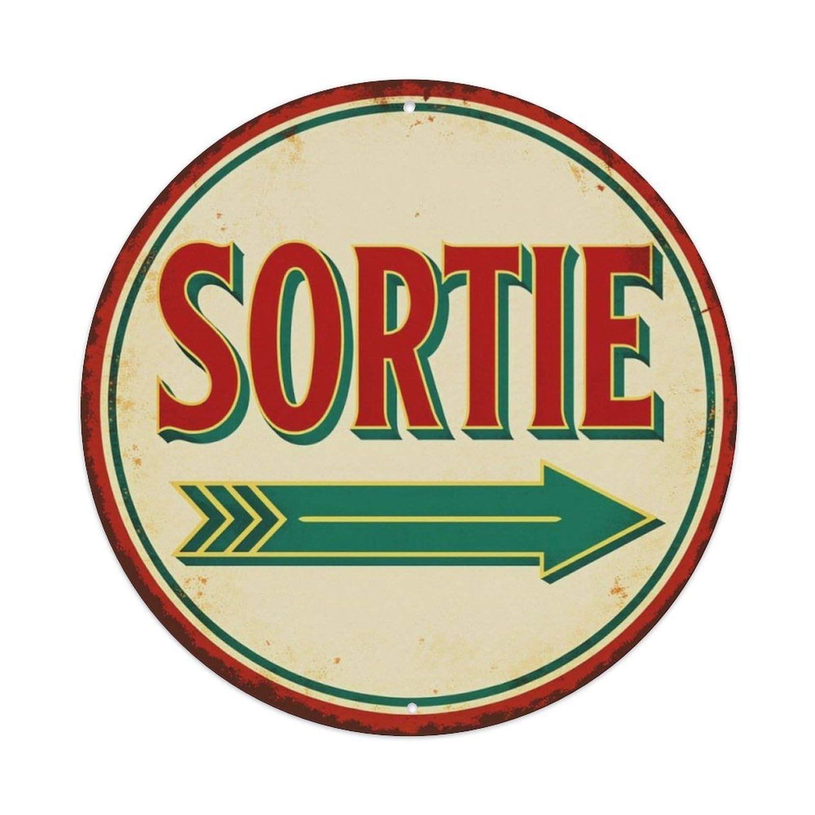 Vintage French Sortie Exit Arrow Round Decor Sign Vintage Aluminium Metal Sign, Retro Wall Decor for Home, Bar, Garage & Farmhouse 20x20cm