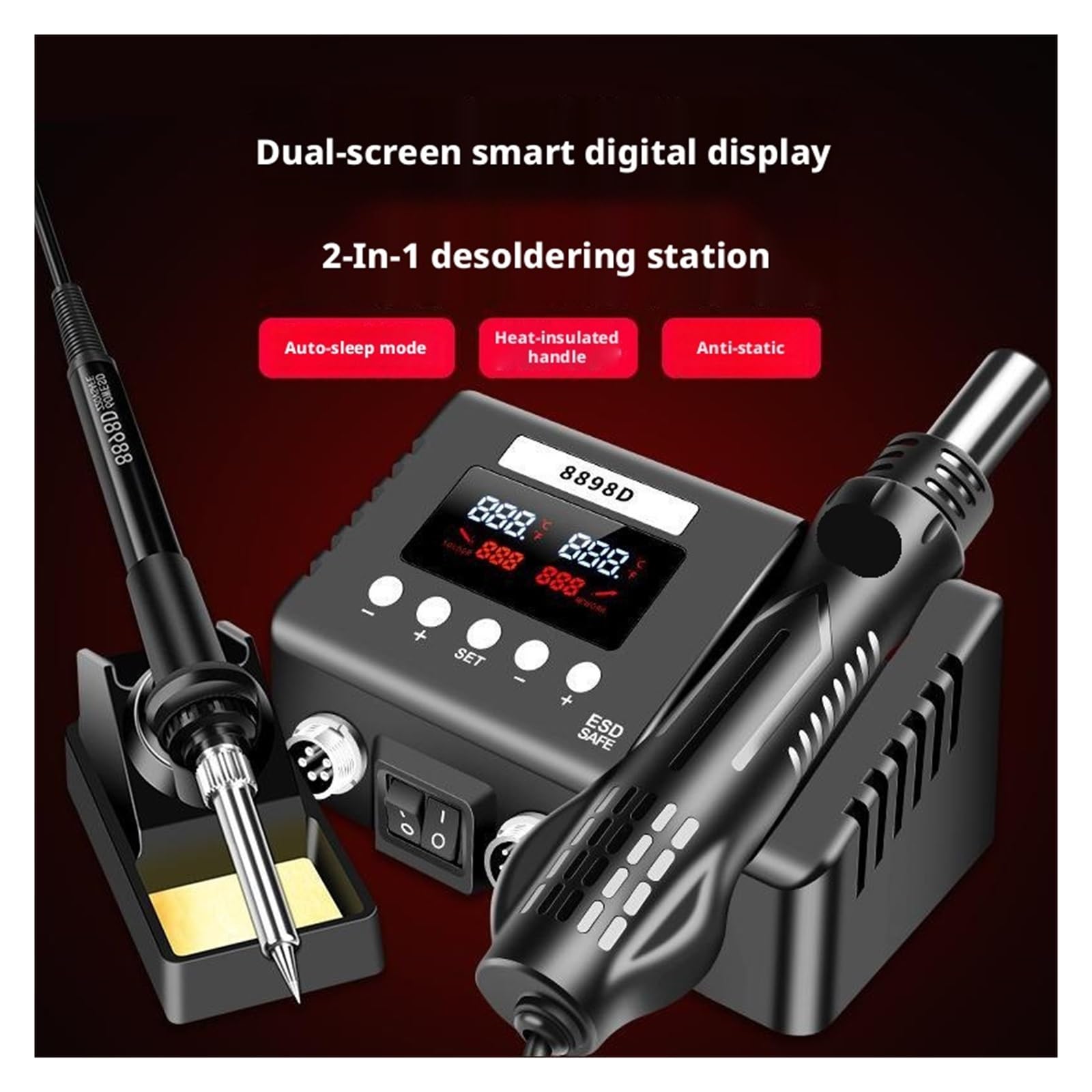 Estación de soldadura, Estación de soldadura inteligente 2 en 1 SMD 8898D, pistola aire caliente con pantalla digital dual y kit plancha