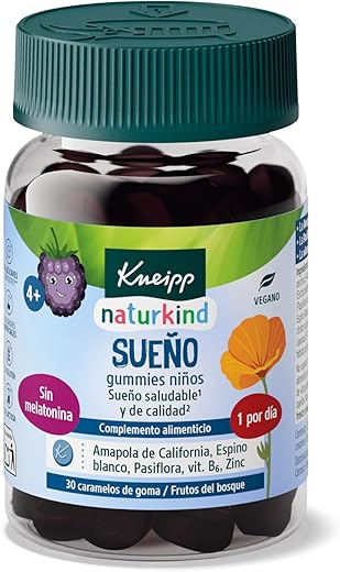 Kneipp Gummies Niños Sueño, Pasiflora, Amapola de California, Espino Blanco, Vitamina B6 y Zinc, Ayuda a Dormir, Relajación, Sabor Frutos del Bosque, 30 Gominolas