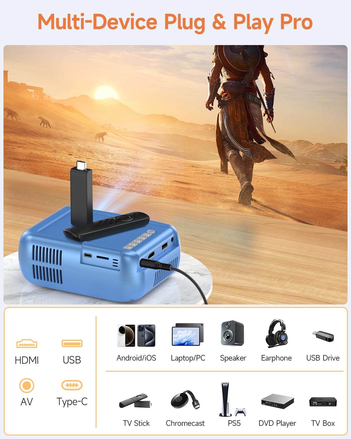 Mini Proiettore Portatile 4k, 1080P FHD Proiettore WiFi e Bluetooth 5.4, Videoproiettore Home Cinema da Esterno con HDMI per Telefono/HDMI/USB/TV Stick